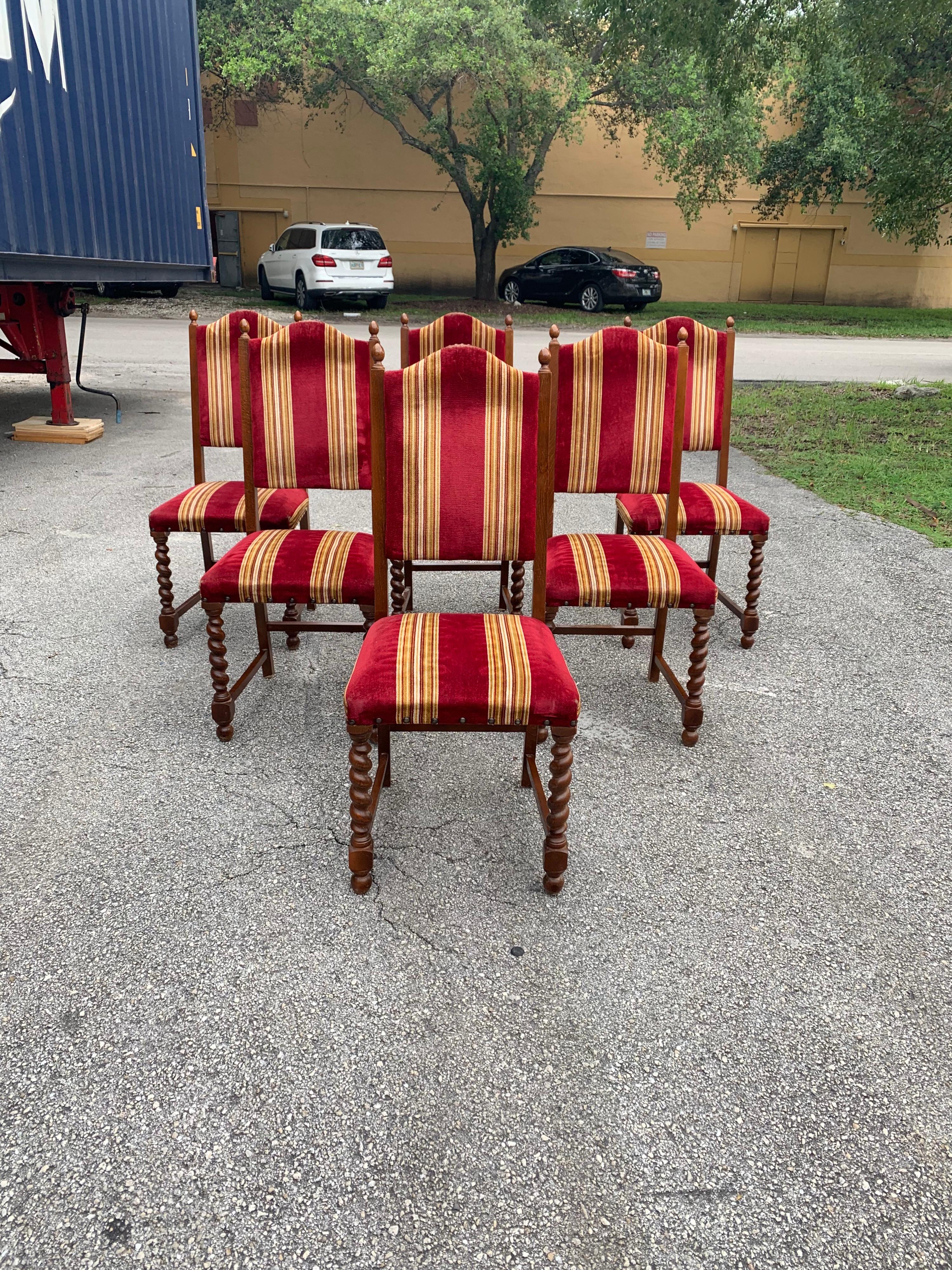 French Set of 6 Vintage Louis XIII Style Barley Twist Solid Walnut Dining Chairs, 1880s For Sale