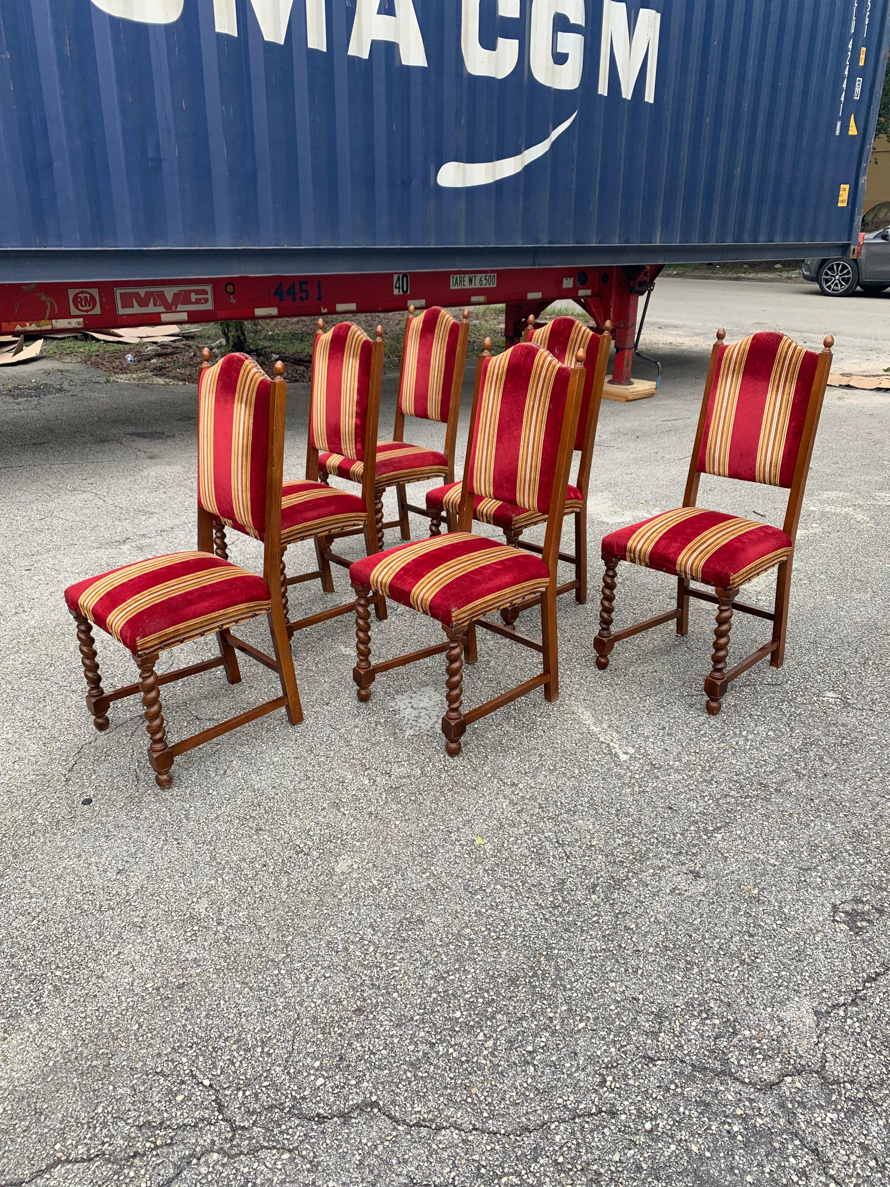 Velvet Set of 6 Vintage Louis XIII Style Barley Twist Solid Walnut Dining Chairs, 1880s For Sale