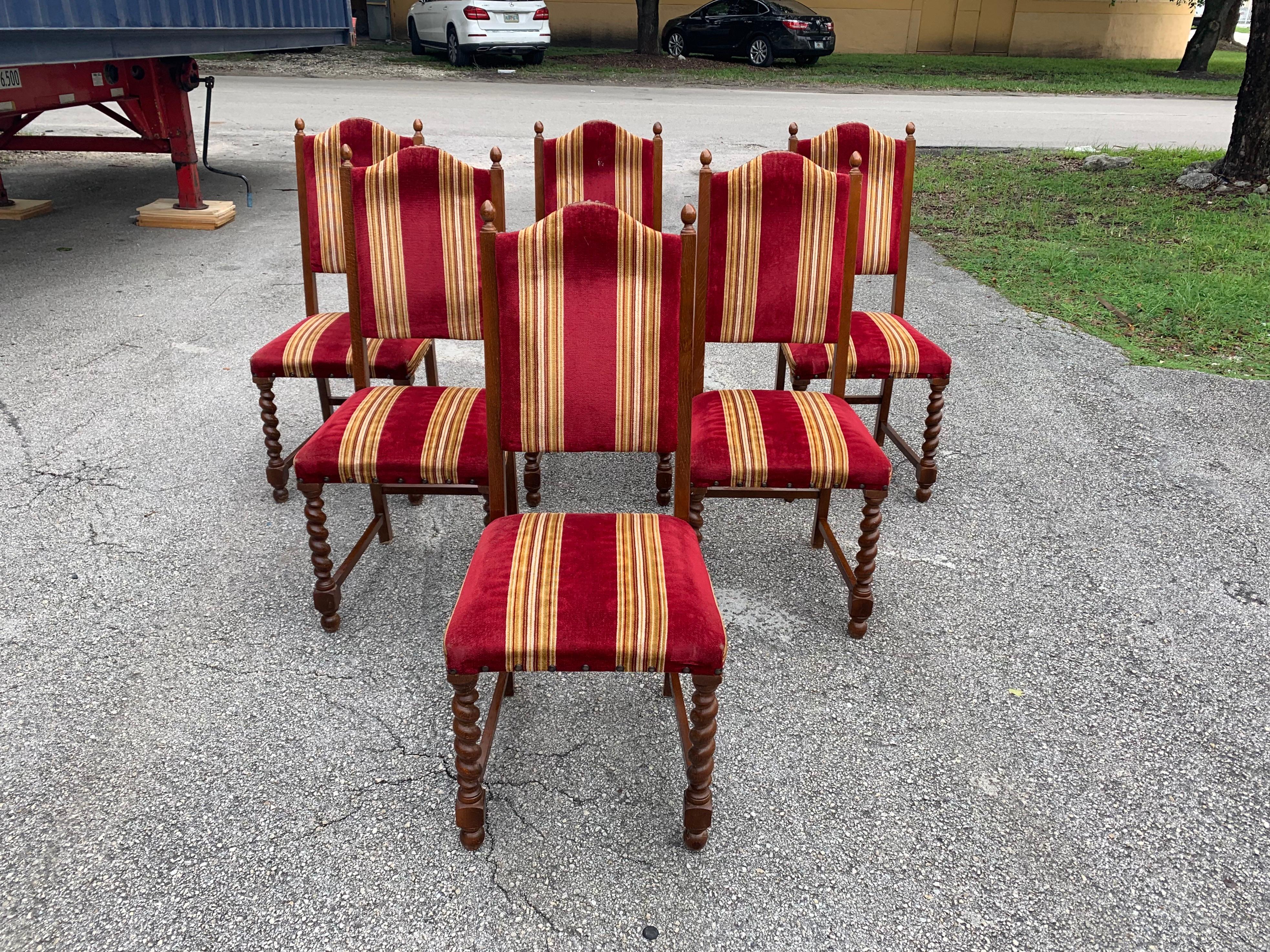 Set of 6 Vintage Louis XIII Style Barley Twist Solid Walnut Dining Chairs, 1880s For Sale 2