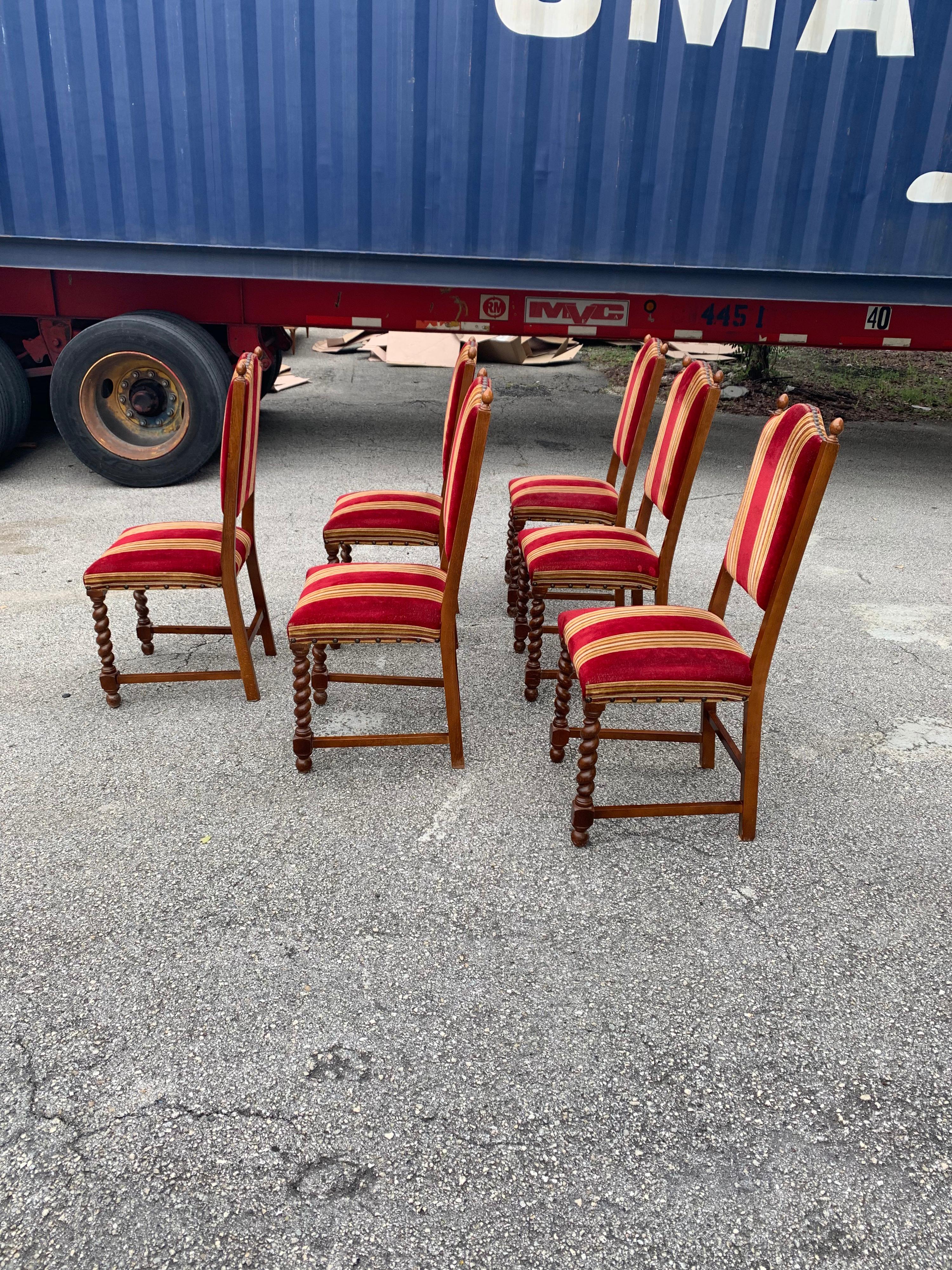 Set of 6 Vintage Louis XIII Style Barley Twist Solid Walnut Dining Chairs, 1880s For Sale 3