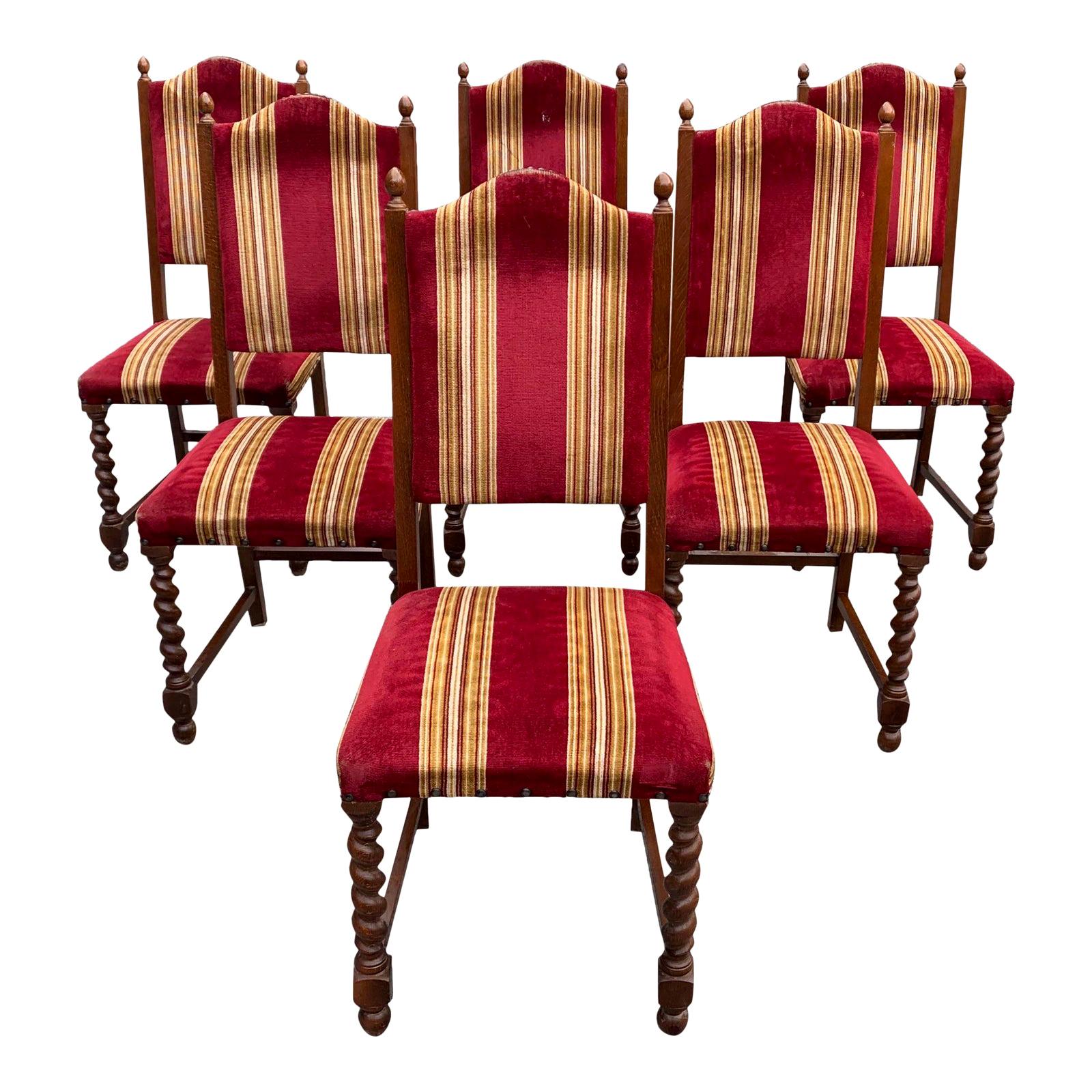 Set of 6 Vintage Louis XIII Style Barley Twist Solid Walnut Dining Chairs, 1880s For Sale