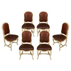 Set of 6 Vintage Louis XV Style Painted Leather Side Chairs