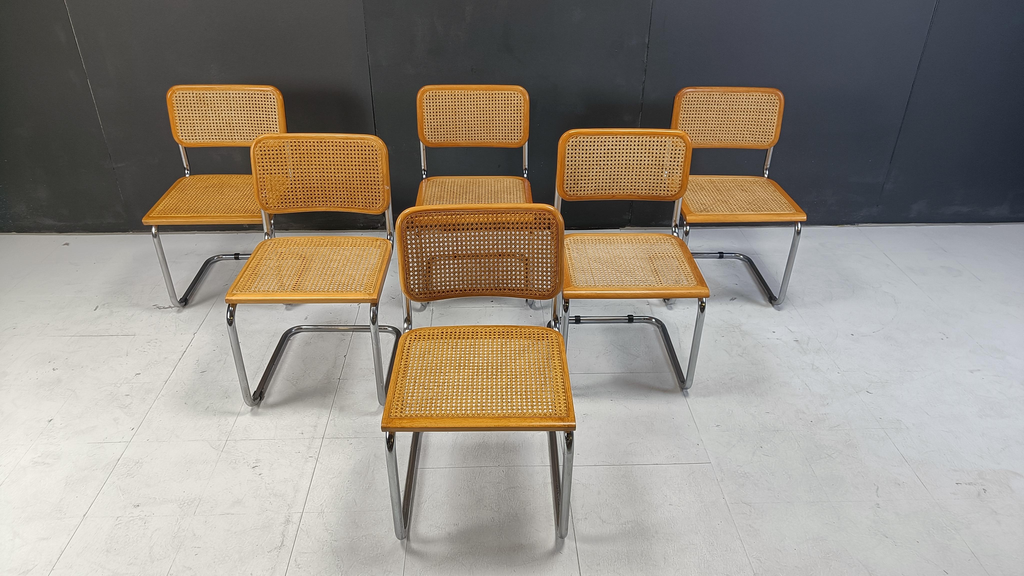 Marcel Breuer style cesca bauhaus design chairs. 

Good condition.

Very popular design which mixes well with most interiors. The Bauhaus design never gets old.

1970s - Italy

Dimensions:
Height: 83cm/32.62