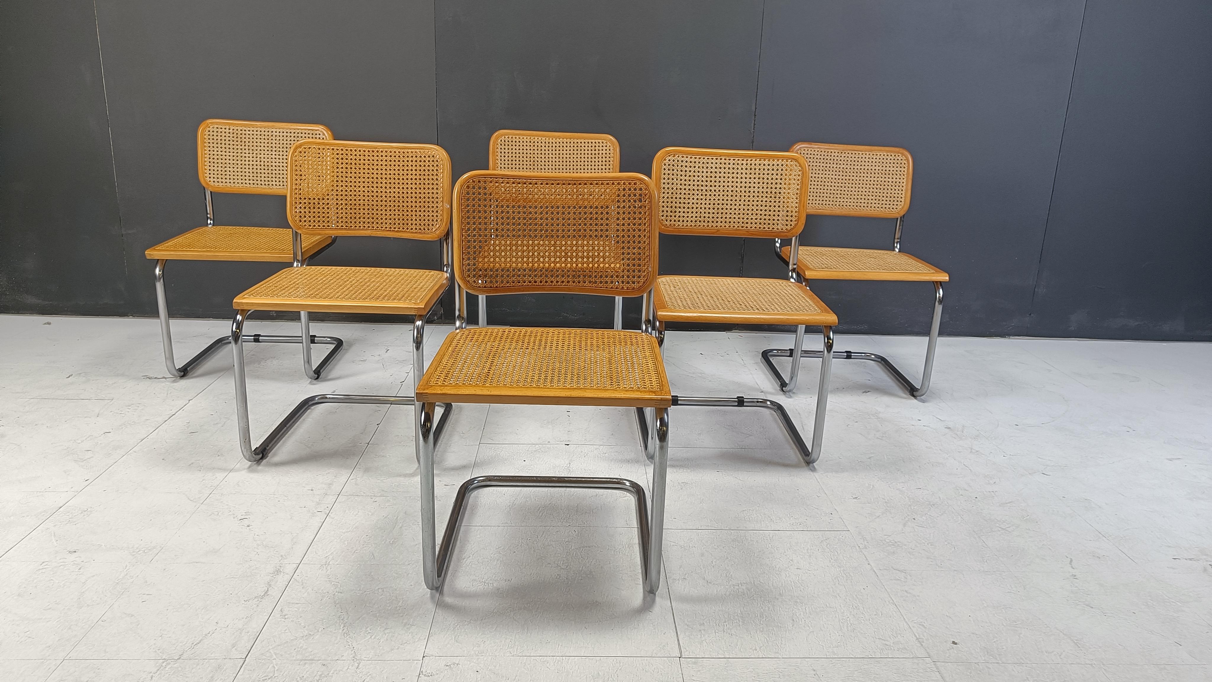 Mid-Century Modern Set of 6 vintage Marcel Breuer style Cesca chairs, made in italy, 1970s