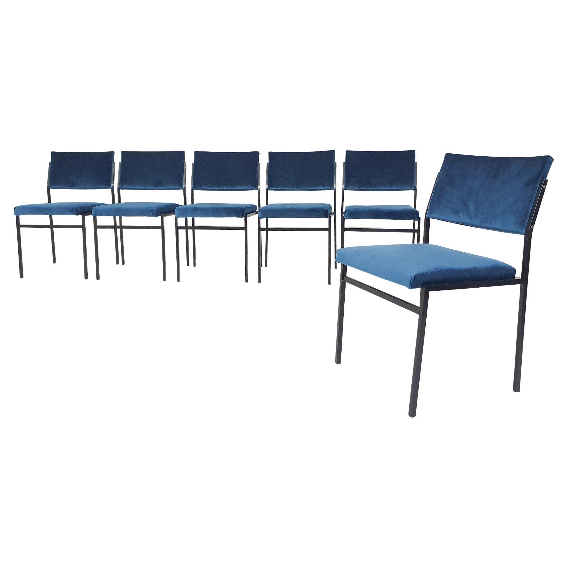 Set of 6 vintage metal stacking chairs in blue velvet The Netherlands 1960's For Sale