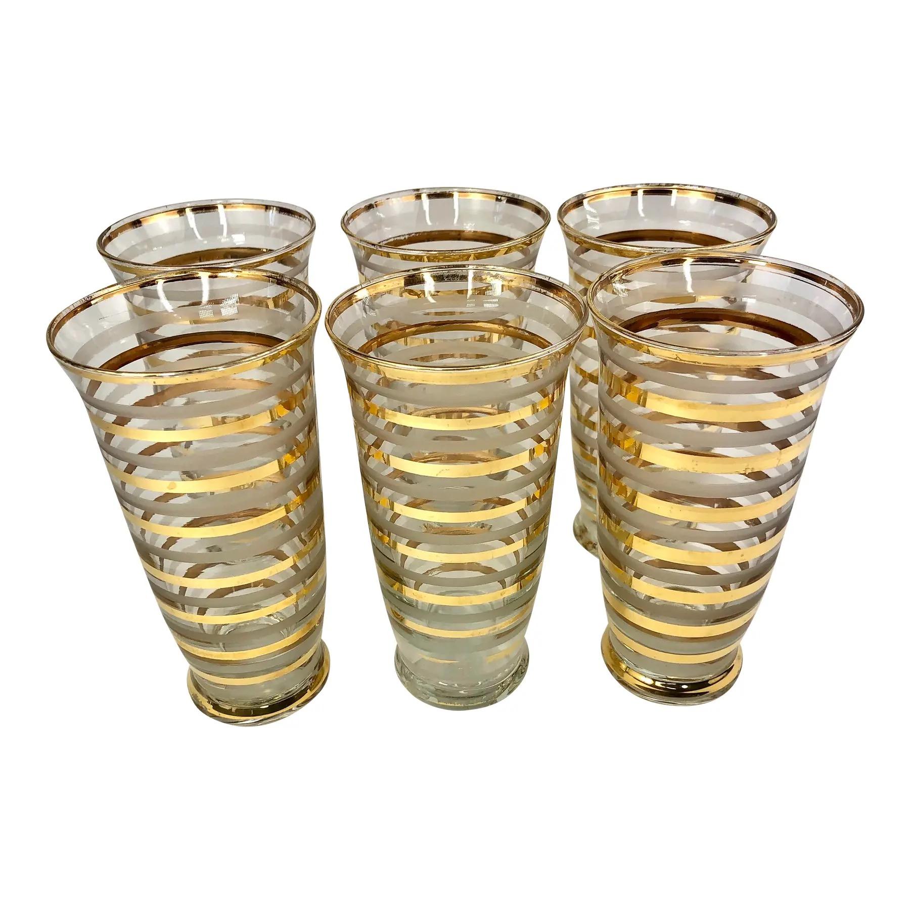Set of 6 Vintage Footed Tumblers with Gilt and Frosted Bands. Glasses measure 5 7/8