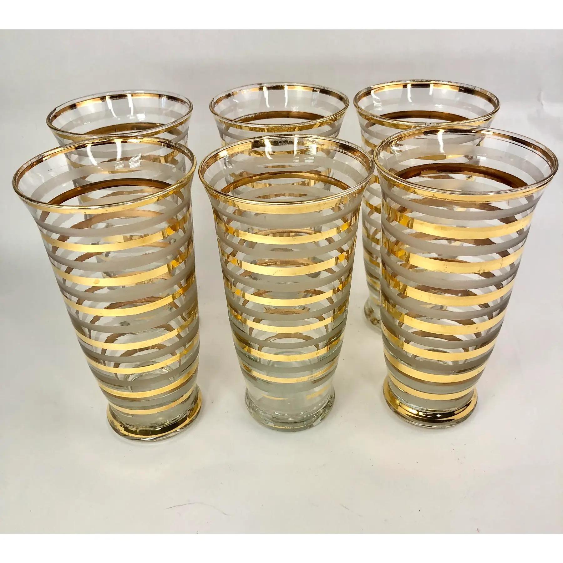 Set of 6 Vintage Mid Century Footed Pilsners With Gilt and Frosted Bands For Sale 2