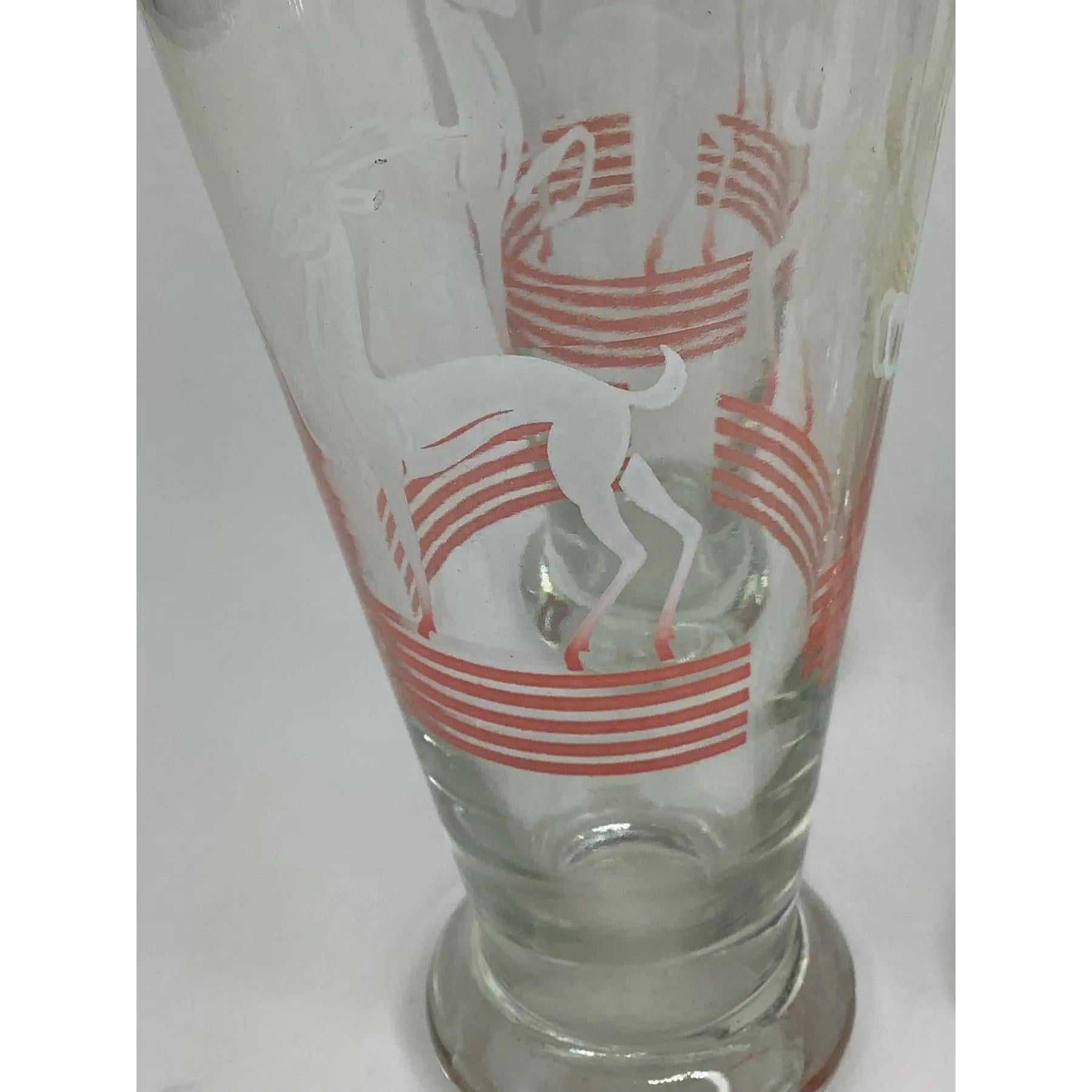 Juego de 6 vasos Vintage Hazel Atlas Pilsner decorados en amarillo pastel, verde y rosa con gacelas blancas. 
