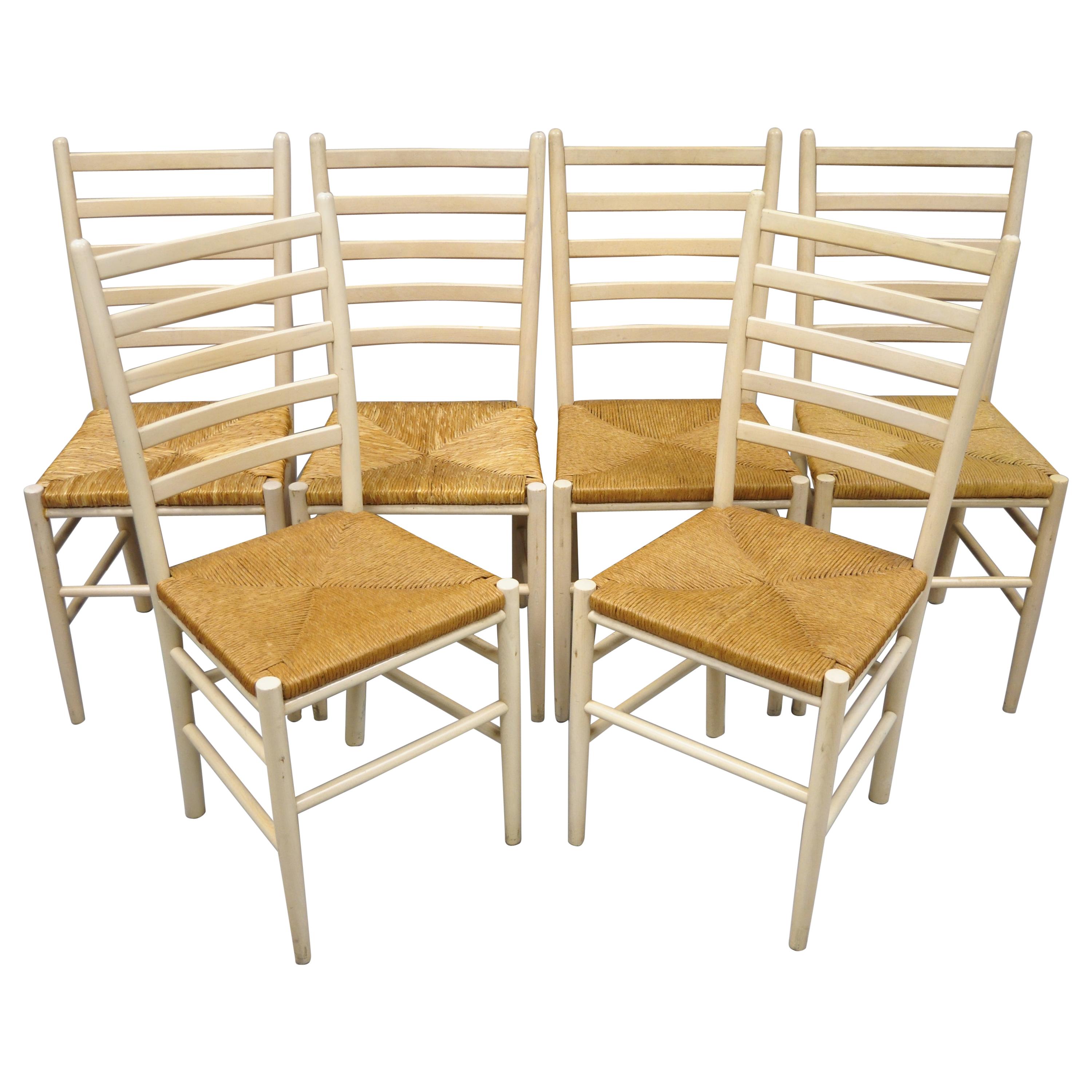 Set of 6 Vintage Midcentury Italian Modern Ladder Back Rush Seat Dining Chairs