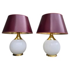 Set of 6 Vintage Opaline Glass and Brass Table Lamps, circa 1970