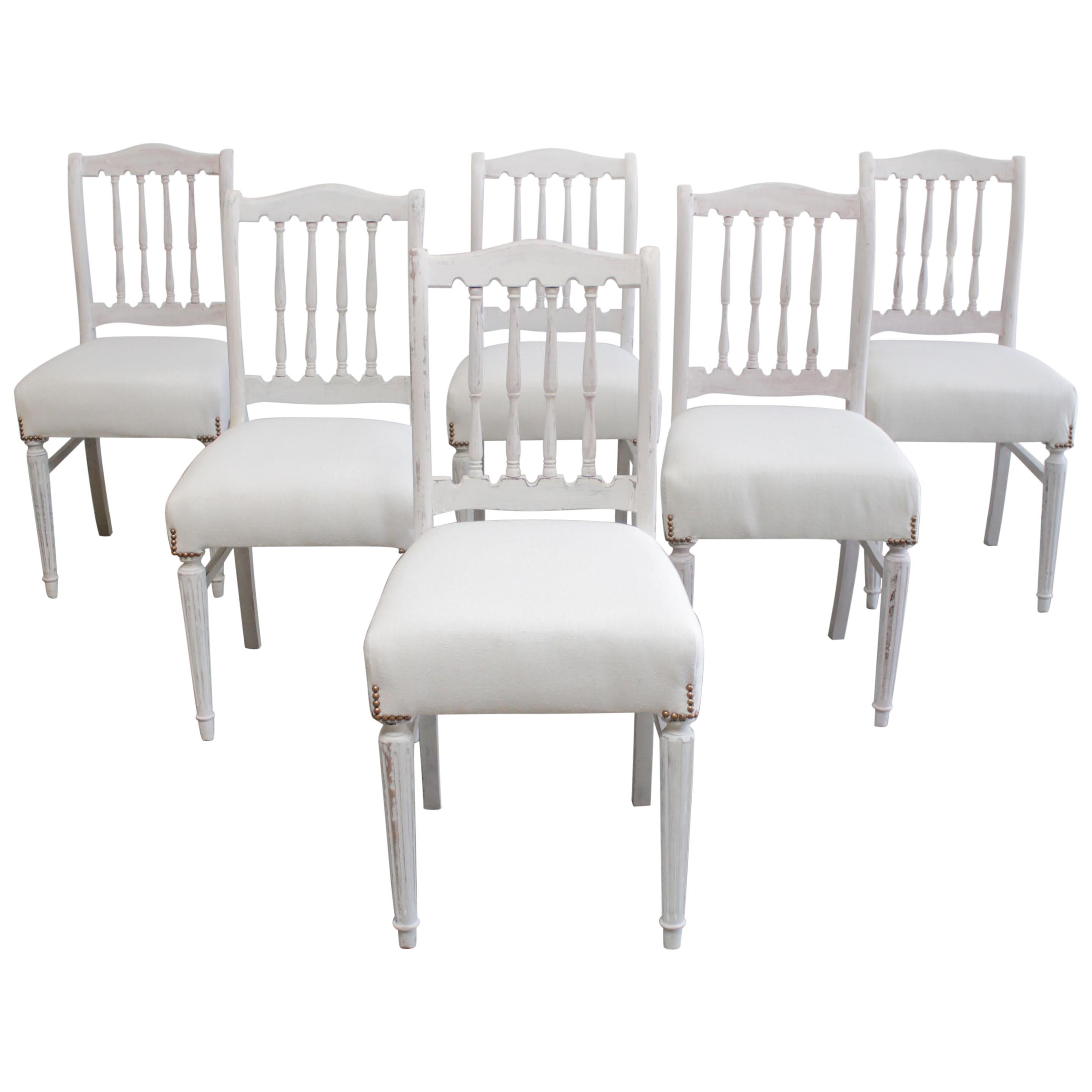 Set of 6 Vintage Painted and Upholstered Swedish Style Dining Chairs For Sale