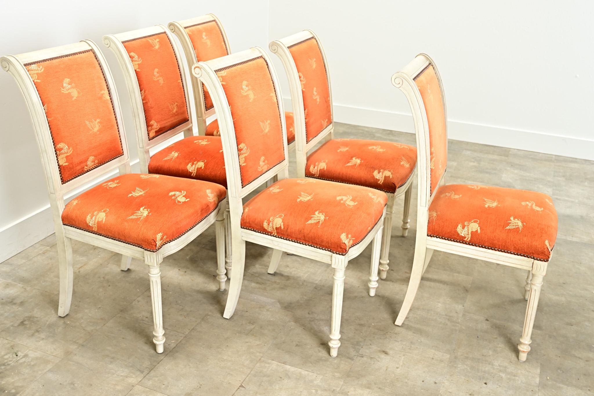 Hand-Carved Set of 6 Vintage Painted Dining Chairs For Sale