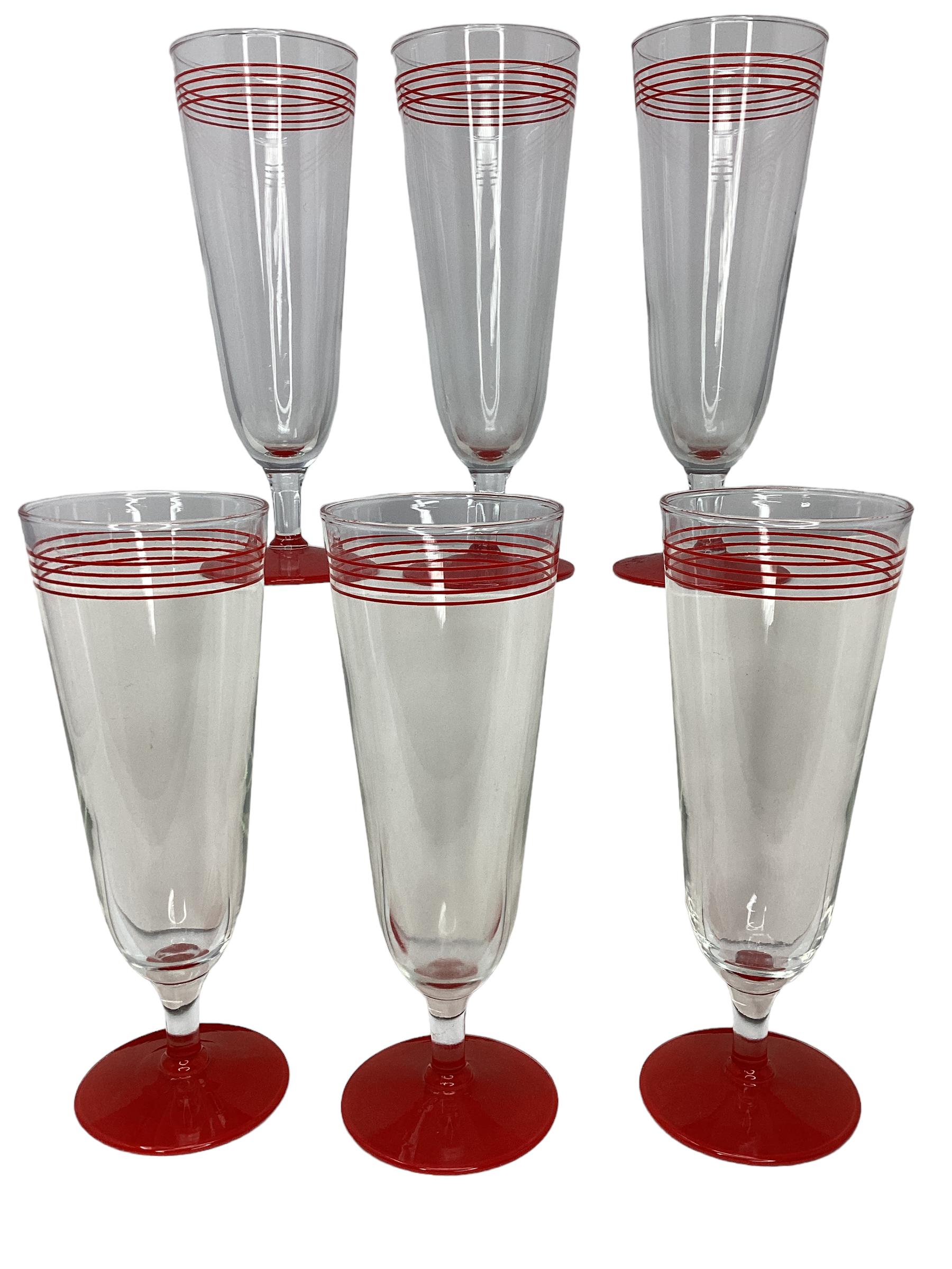 Set of 6 Vintage Pilsner Glasses with a red foot and 3 red rings at the top of the glass.