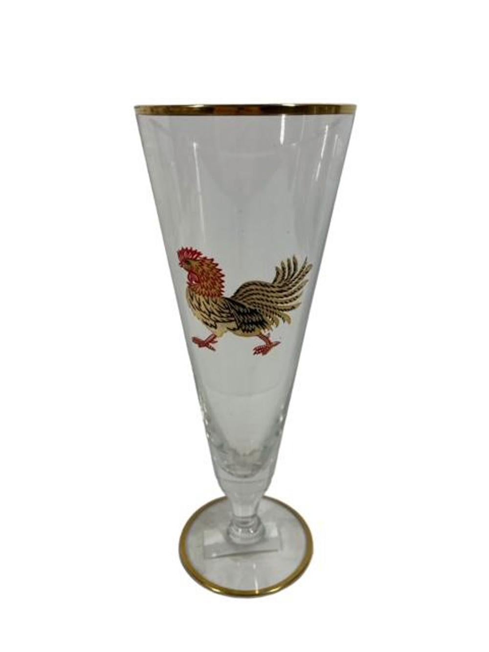 Art déco Ensemble de 6 verres Pilsner vintage avec coqs rouges et noirs et or 22 carats en vente