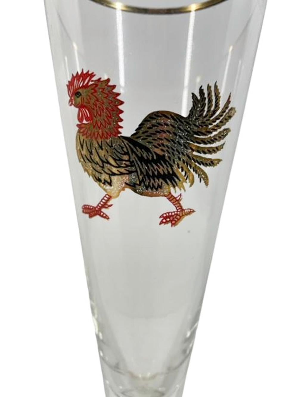 Américain Ensemble de 6 verres Pilsner vintage avec coqs rouges et noirs et or 22 carats en vente