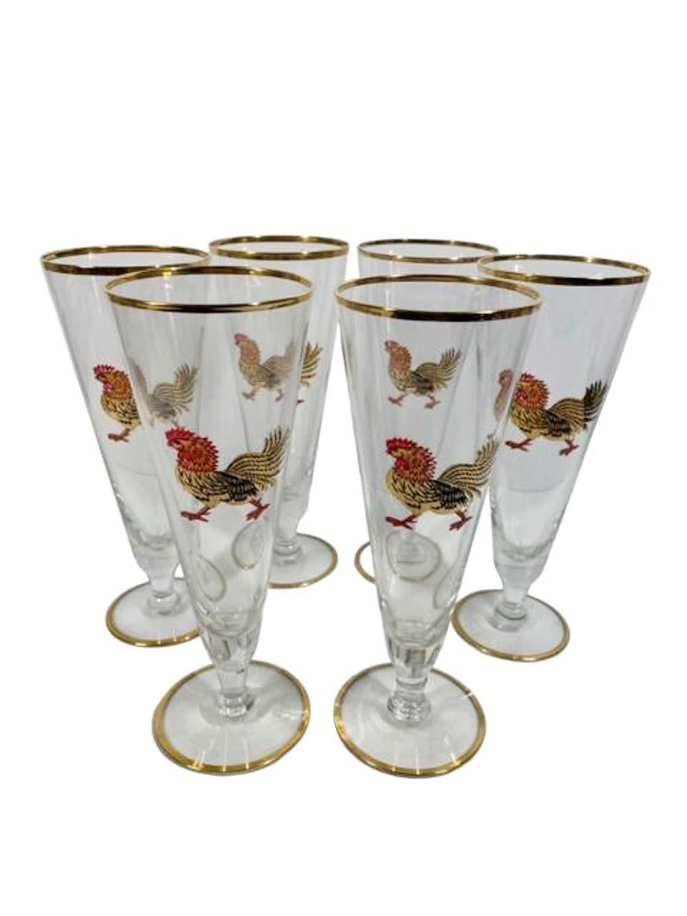 Ensemble de 6 verres Pilsner vintage avec coqs rouges et noirs et or 22 carats Bon état - En vente à Nantucket, MA