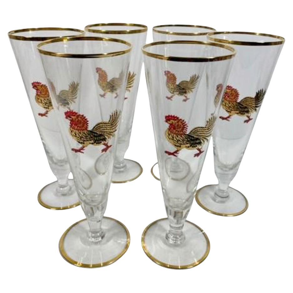 Set of 6 Vintage Pilsner Glasses with Roosters in Red and Black with 22k Gold