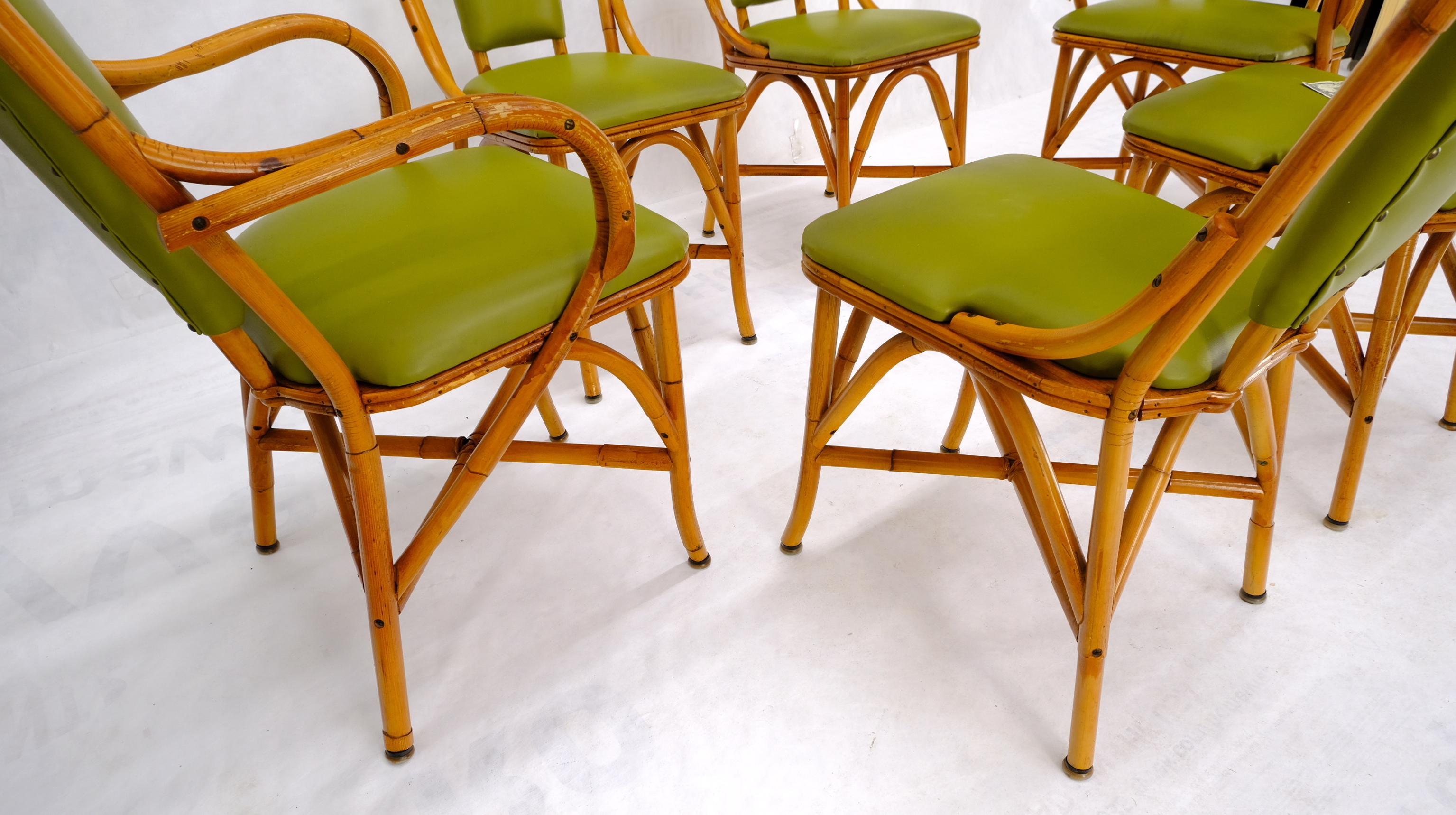 Set of 6 Vintage Rattan Bamboo Dining Chairs w/ Green Upholstery For Sale 2