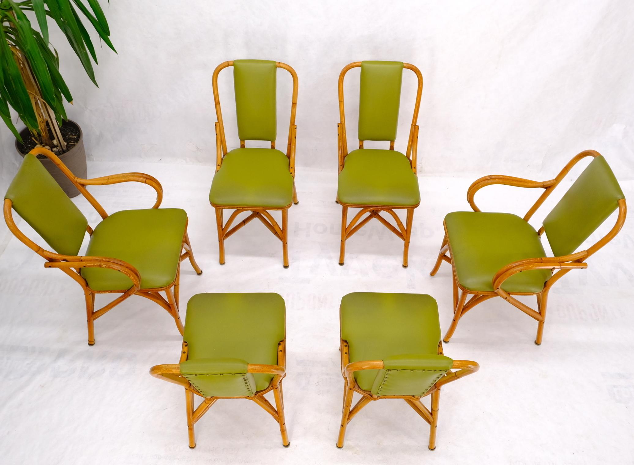 Mid-Century Modern Set of 6 Vintage Rattan Bamboo Dining Chairs w/ Green Upholstery