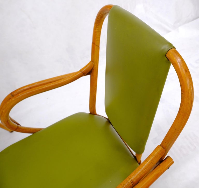 Set of 6 Vintage Rattan Bamboo Dining Chairs w/ Green Upholstery For