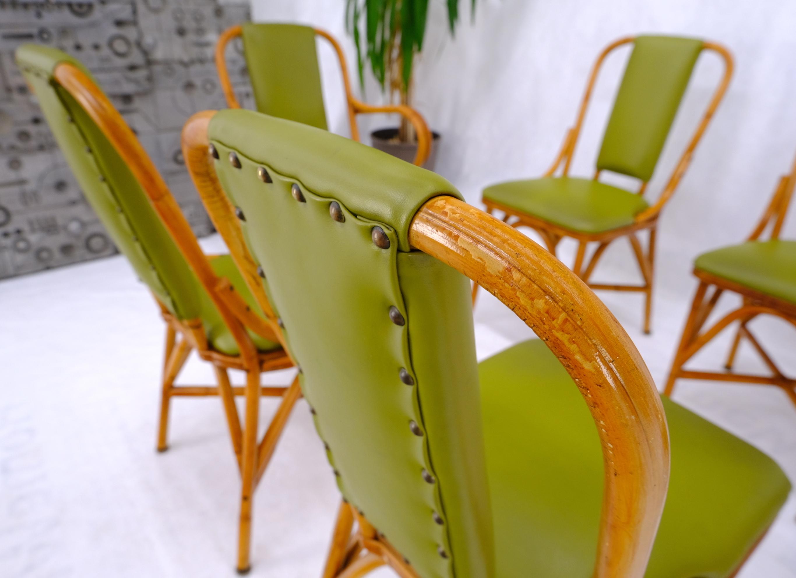 Lacquered Set of 6 Vintage Rattan Bamboo Dining Chairs w/ Green Upholstery