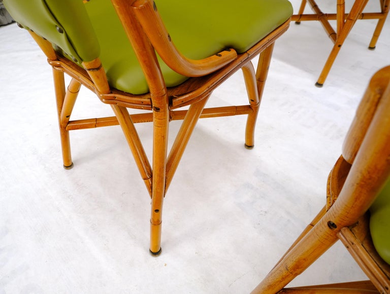 Set of 6 Vintage Rattan Bamboo Dining Chairs w/ Green Upholstery For