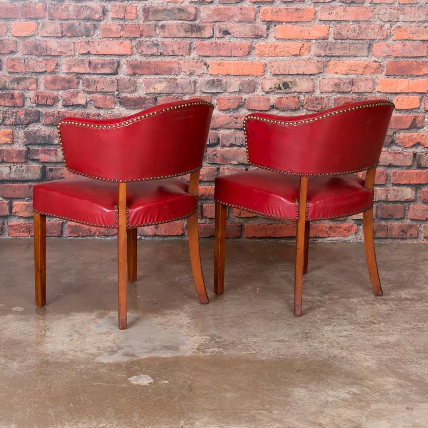 Mid-Century Modern Set of 6 Vintage Red Leather Barrel Back Side Chairs, Danish, 1950s