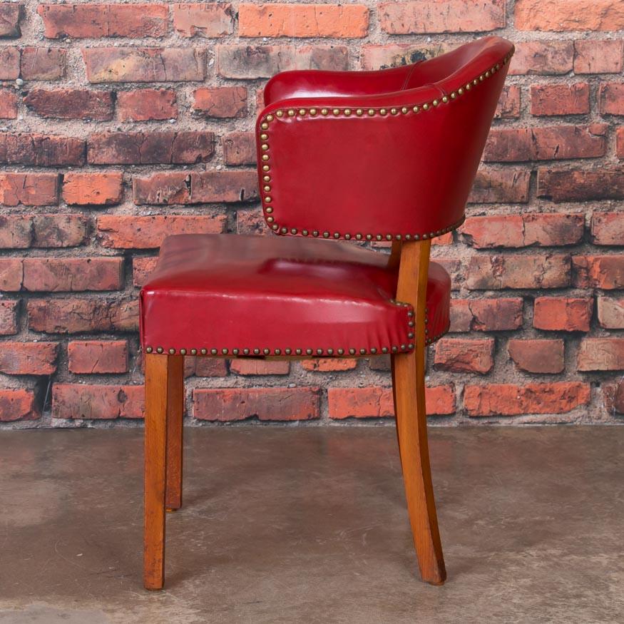 Set of 6 Vintage Red Leather Barrel Back Side Chairs, Danish, 1950s In Good Condition In Round Top, TX