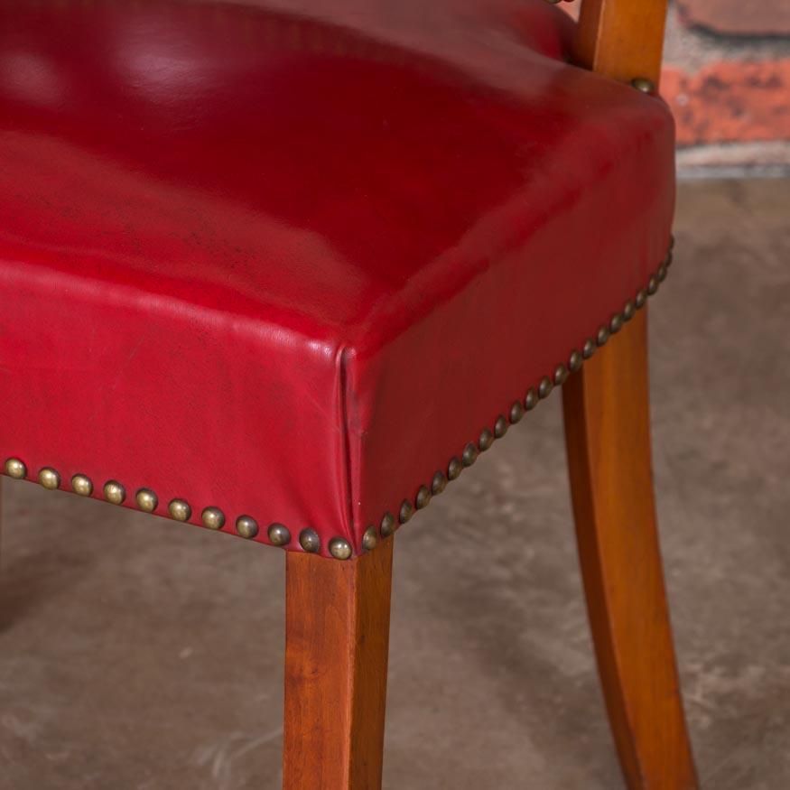 Set of 6 Vintage Red Leather Barrel Back Side Chairs, Danish, 1950s 2