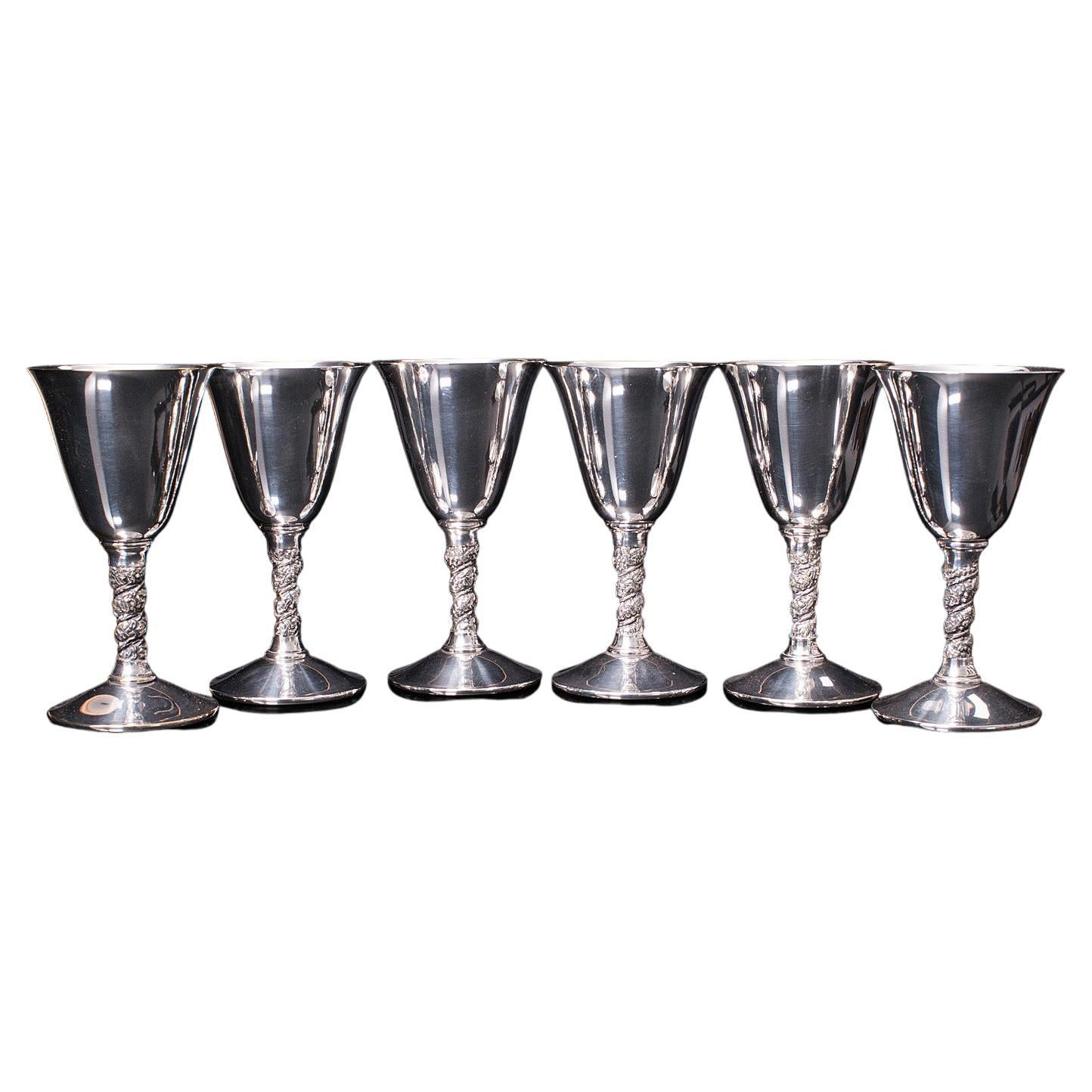 Set of 6 Vintage Sherry Goblets, Spanish, Silver Plate, Celebration Liqueur Tot