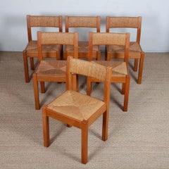 Ensemble de 6 chaises vintage en orme massif et paille, 1970