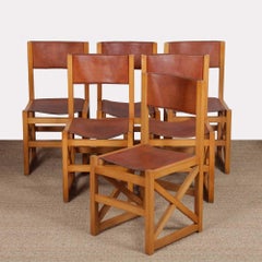 Set di 6 sedie vintage in legno massiccio e pelle, 1980
