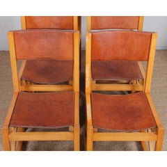 Set di 6 sedie vintage in legno massiccio e pelle, 1980