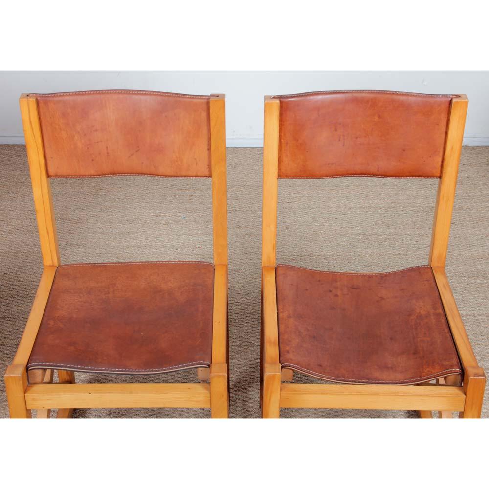 Fin du 20e siècle Ensemble de 6 chaises vintage en bois massif et cuir, 1980 en vente