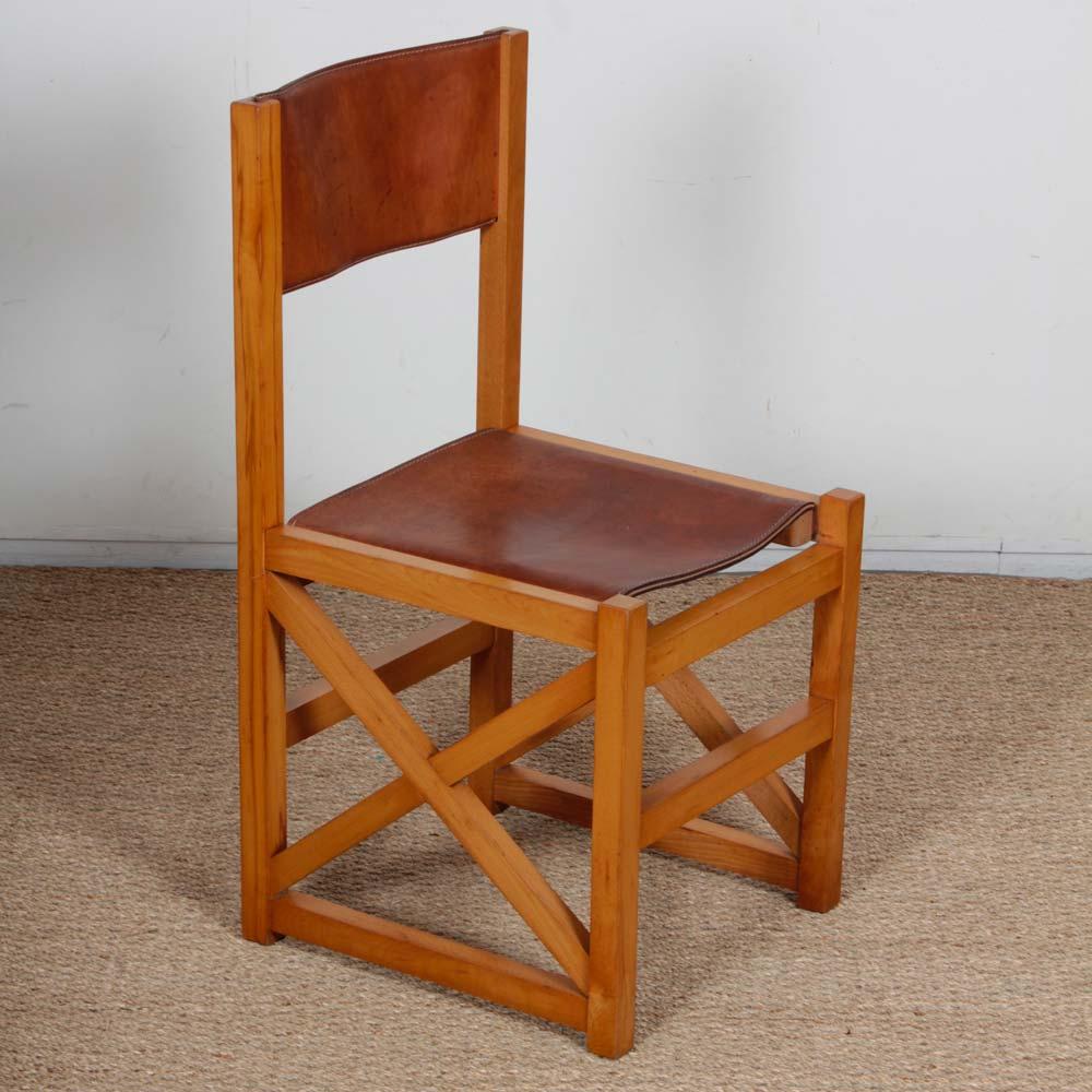 Cuir Ensemble de 6 chaises vintage en bois massif et cuir, 1980 en vente