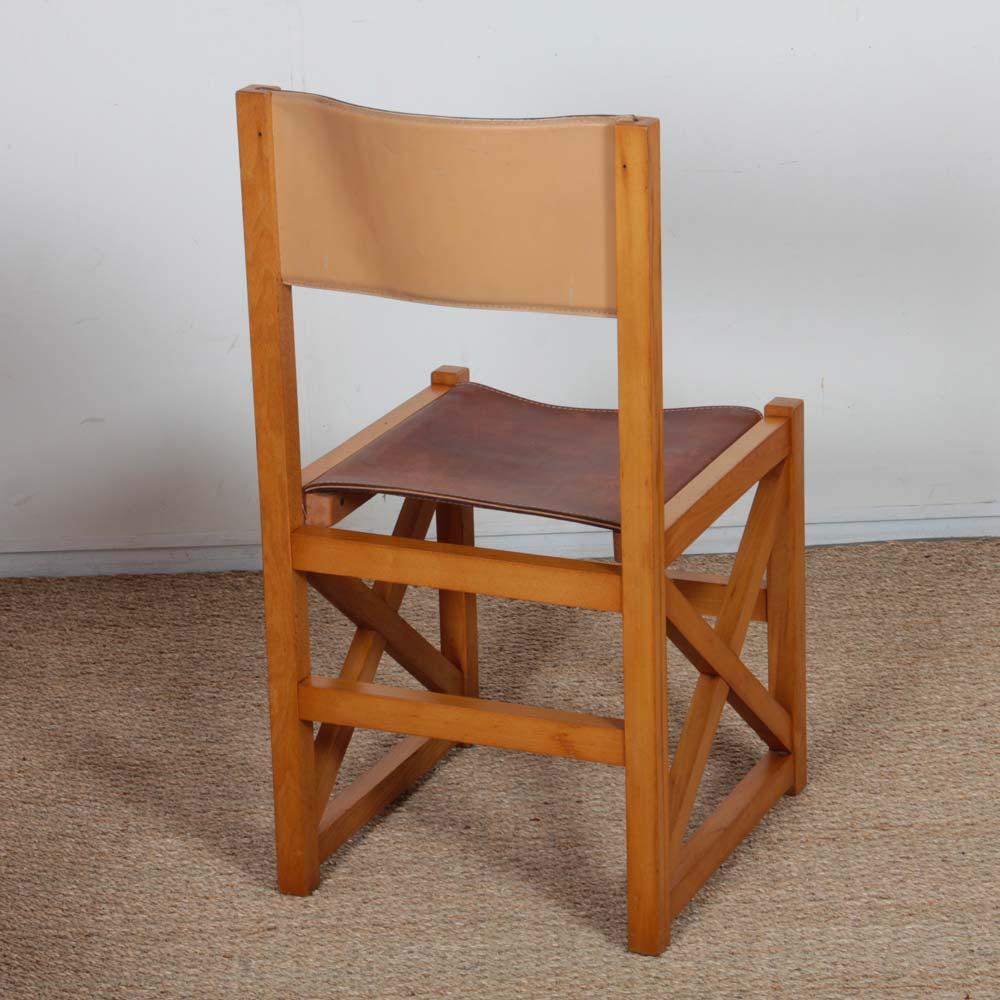 Ensemble de 6 chaises vintage en bois massif et cuir, 1980 en vente 2
