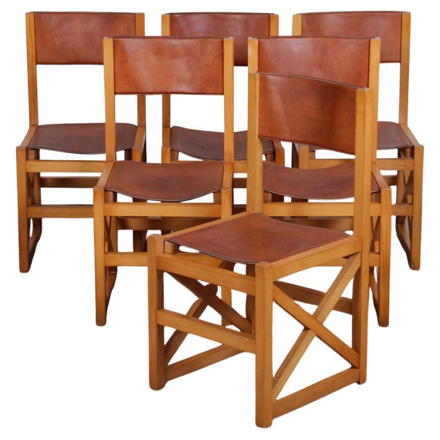 Set di 6 sedie vintage in legno massiccio e pelle, 1980