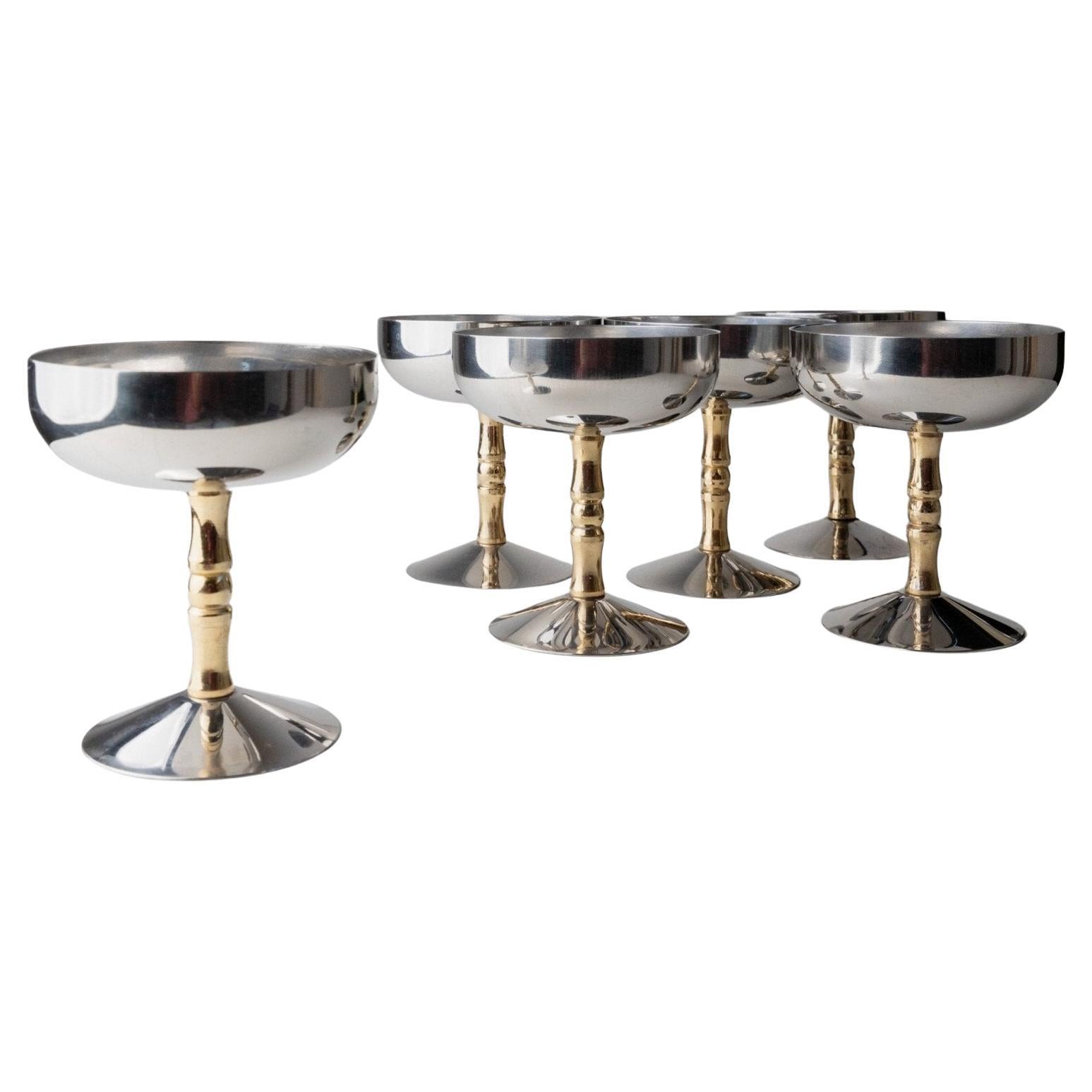 Lot de 6 coupes à champagne Vintage Steele en acier inoxydable Bambou Mid Century Design Italie