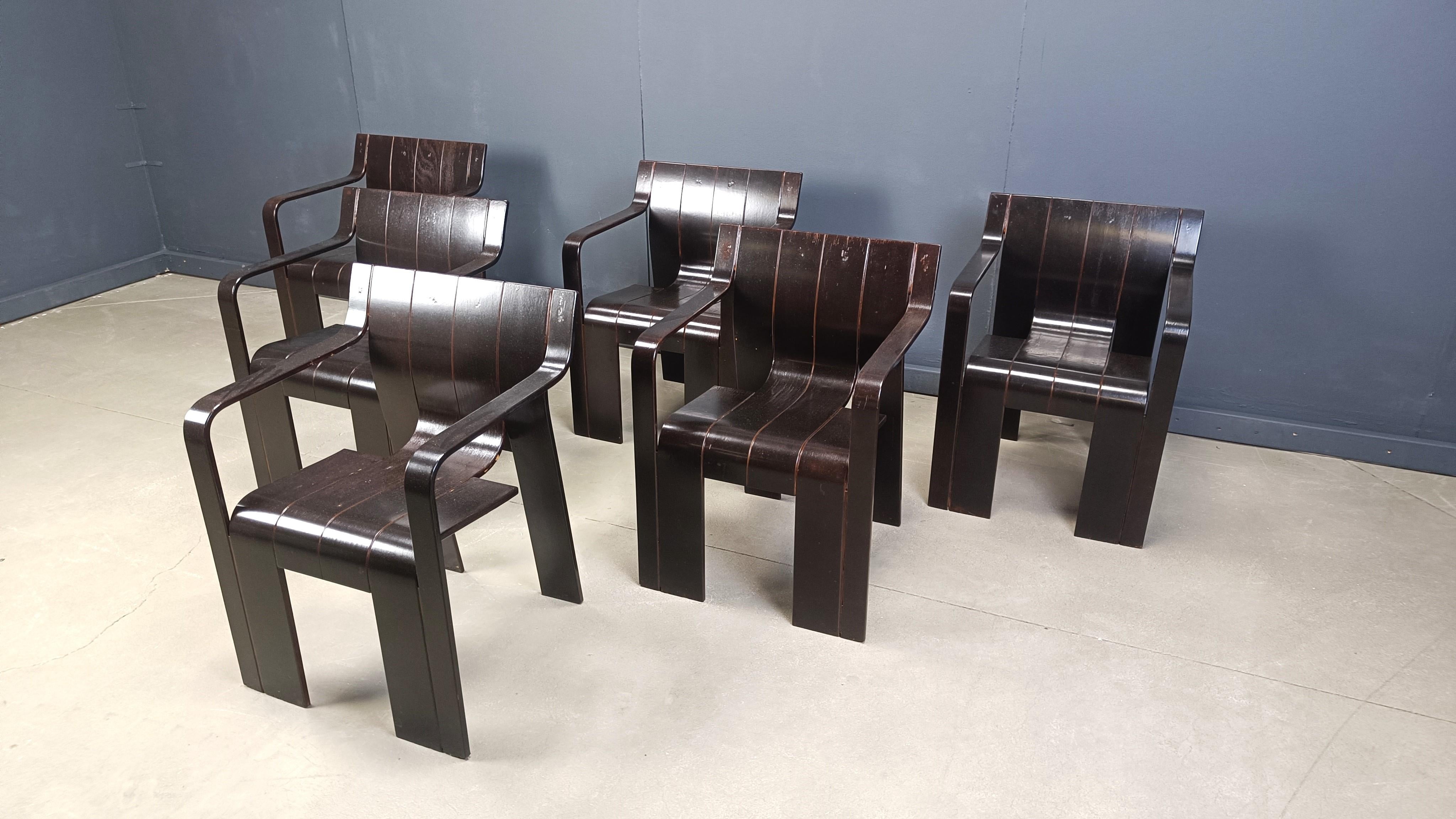 Legno curvato Set di 6 sedie da pranzo vintage a strisce di Gijs Bakker per Castelijn, anni '70 in vendita