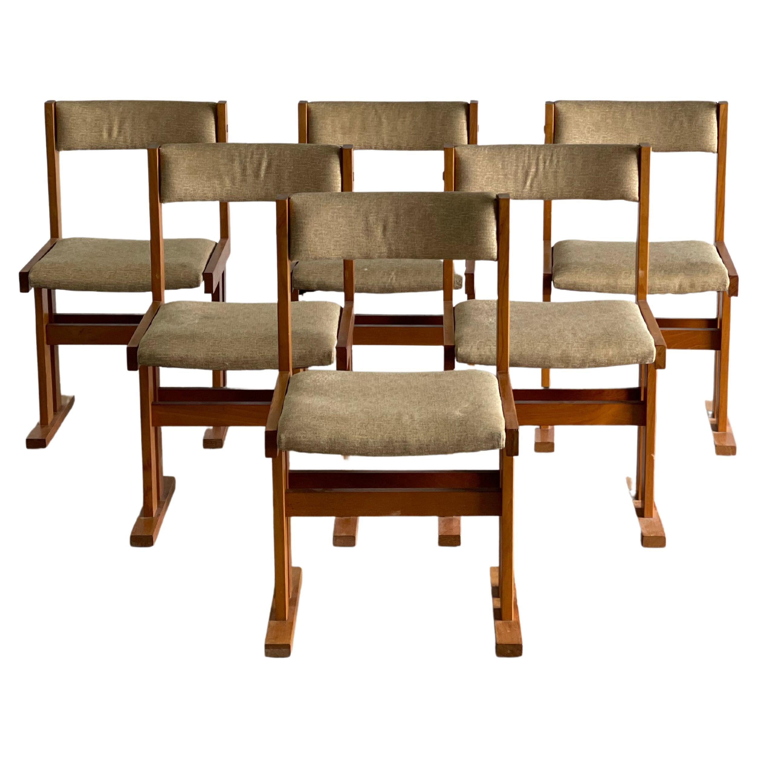 C.1970's

Impressive set of 6 Danish Modern dining chairs reminiscent of the designer Gangsø Møbler. These chairs have solid teak frames, and would pair well with a travertine table. 

Love the trestle style base and geometric design. Ready to