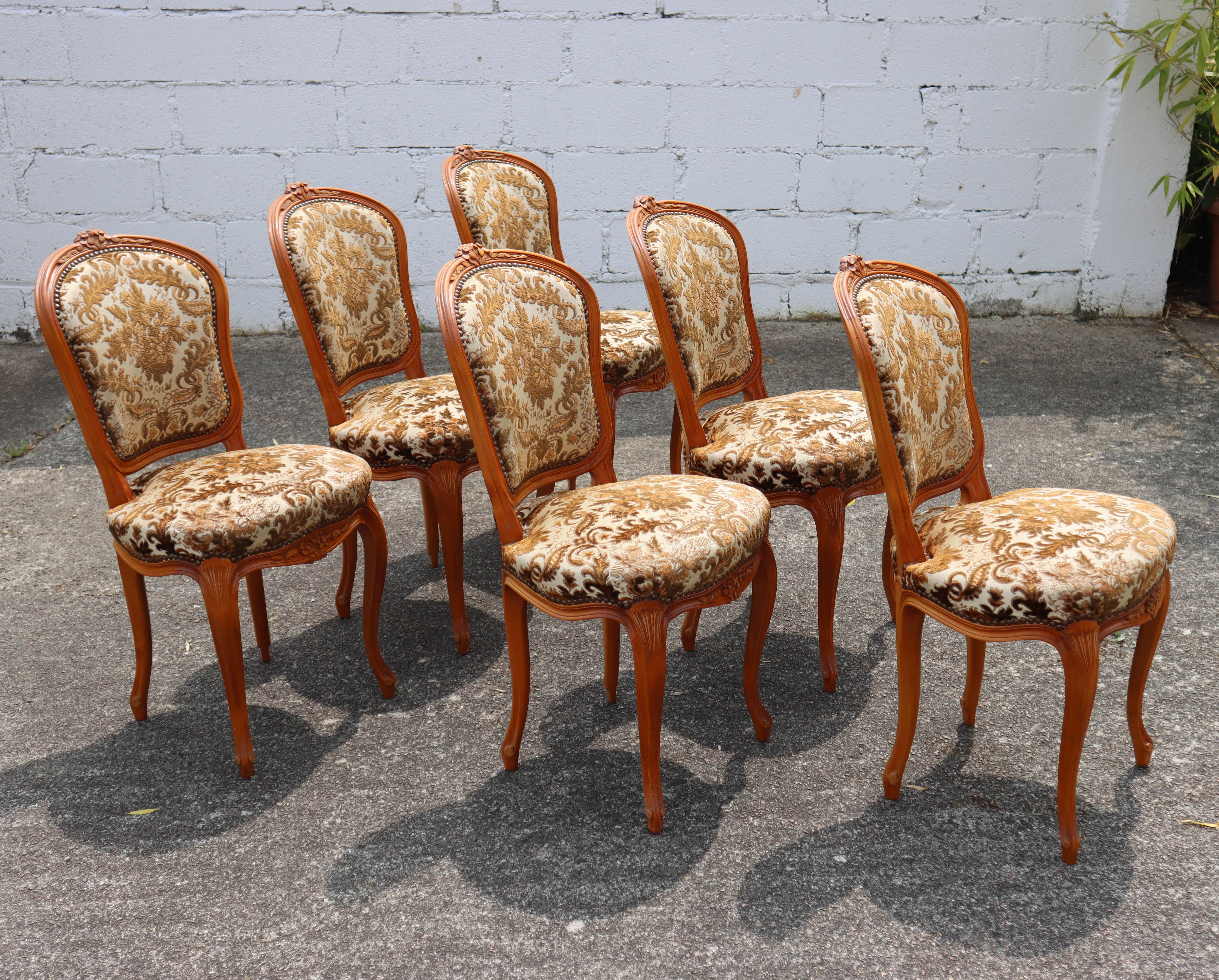 Chenille Set of 6 vintage upholstered Dining Chairs-Style Louis XV-70s For Sale