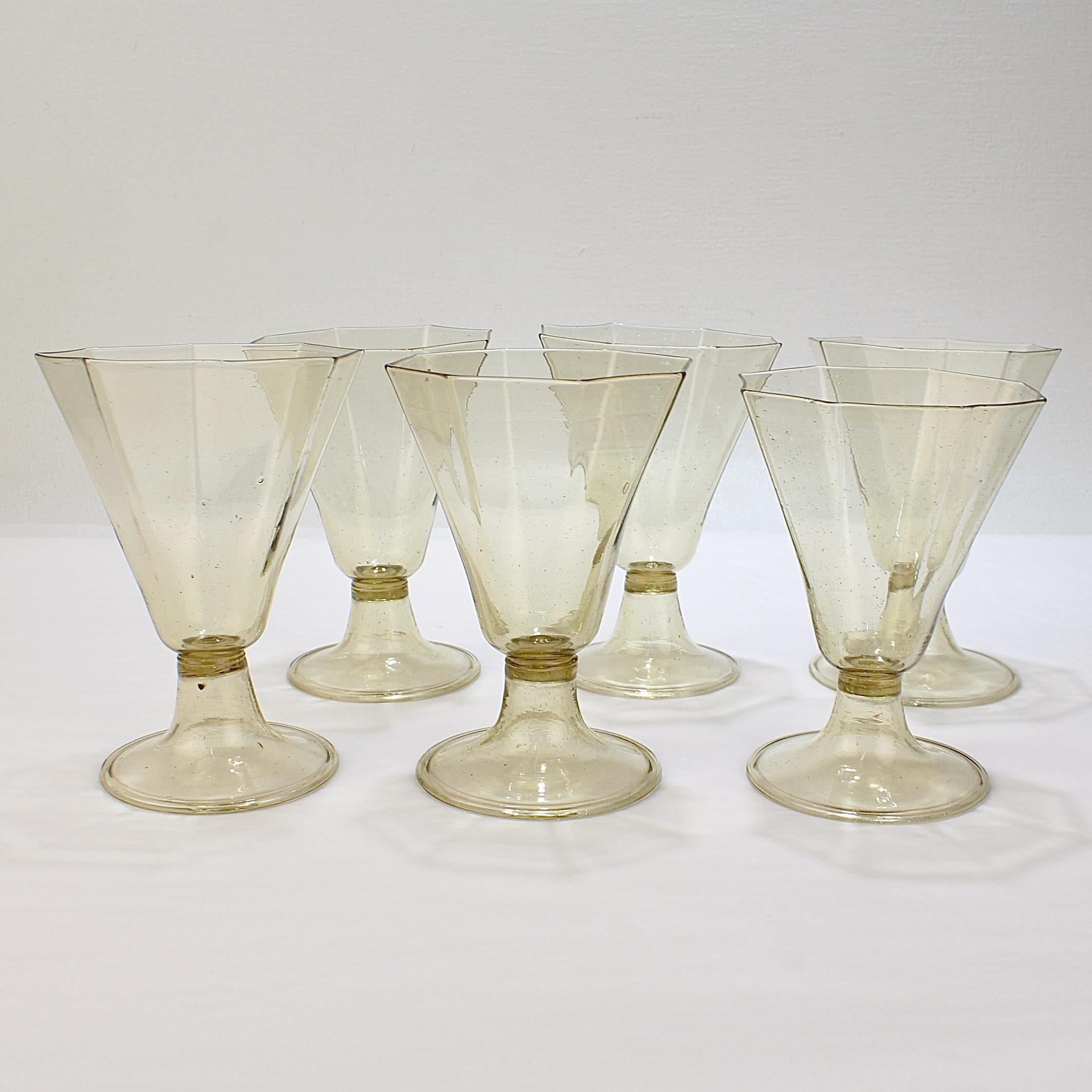Mid-Century Modern Set of 6 Vintage Venetian or Murano Amber Glass Wine Glasses