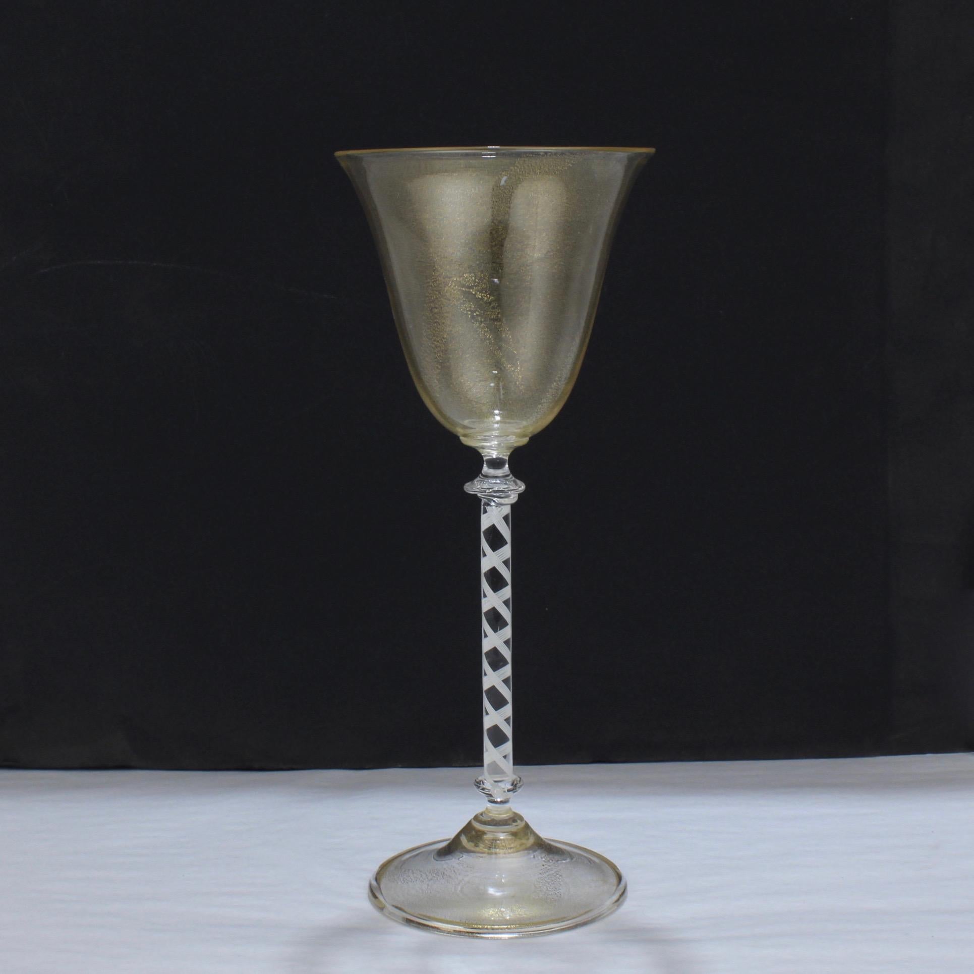 Set of 6 Vintage Venetian Wine Goblets with White Twist Stems & Gold Inclusions 4