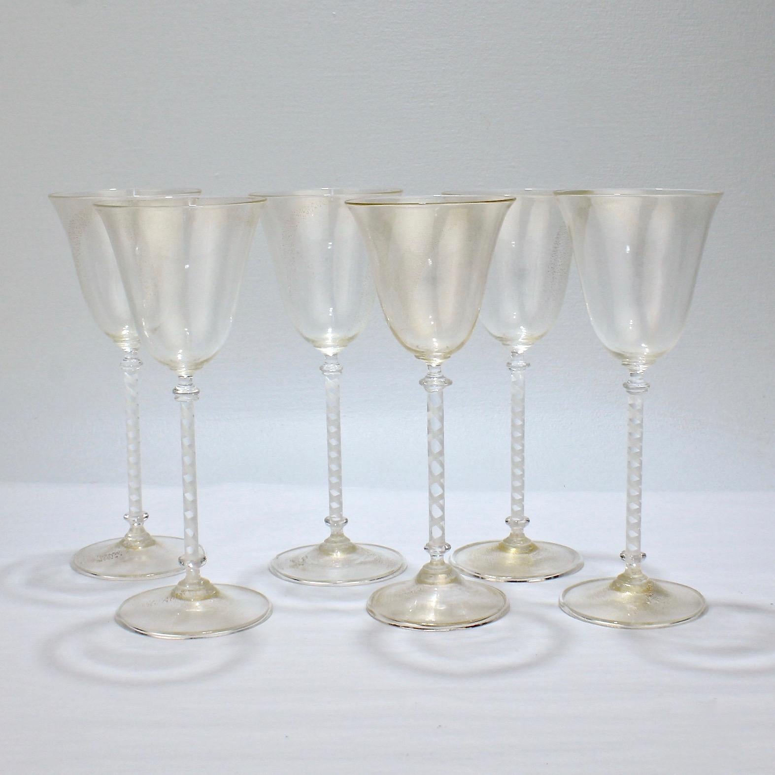 Mid-Century Modern Set of 6 Vintage Venetian Wine Goblets with White Twist Stems & Gold Inclusions