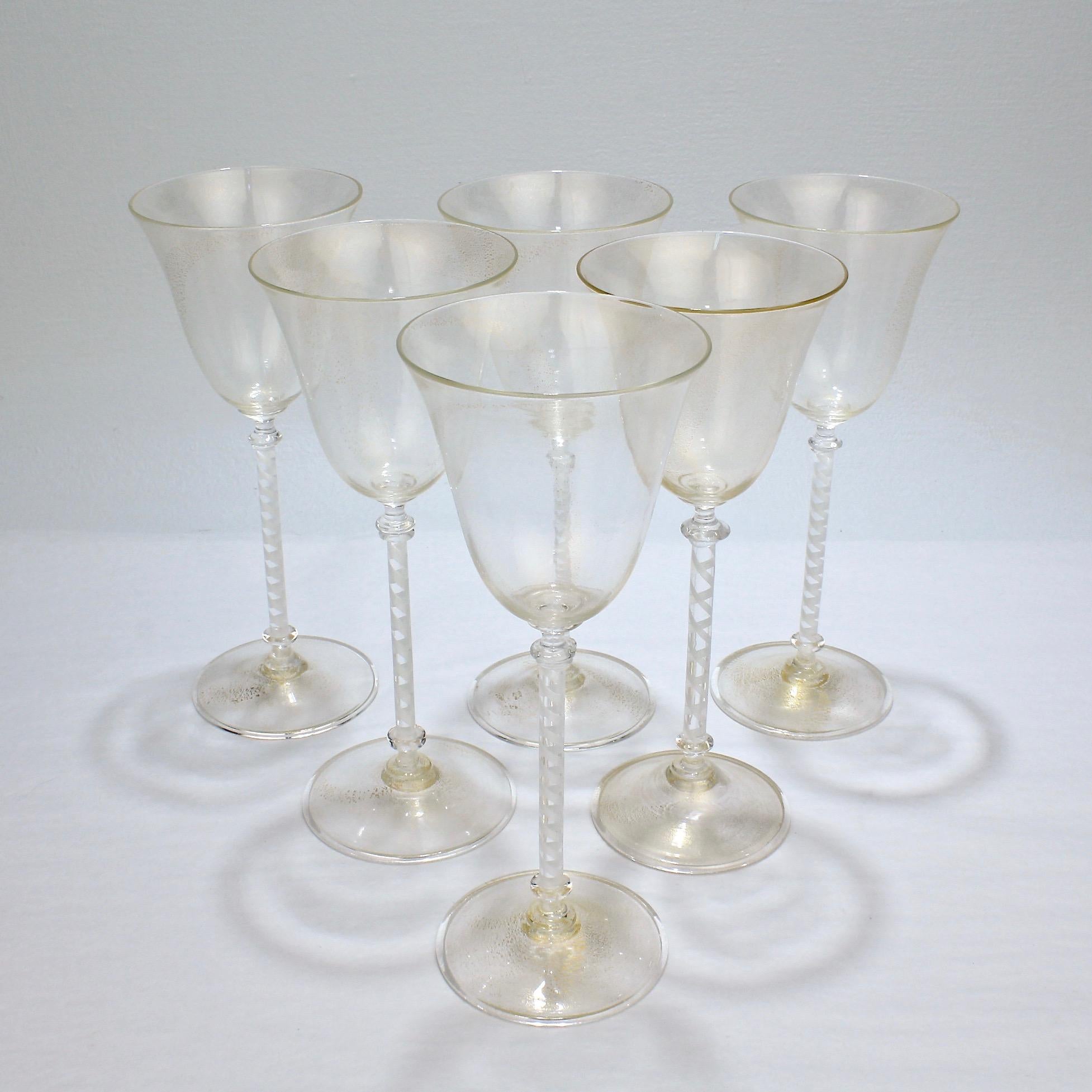 Italian Set of 6 Vintage Venetian Wine Goblets with White Twist Stems & Gold Inclusions