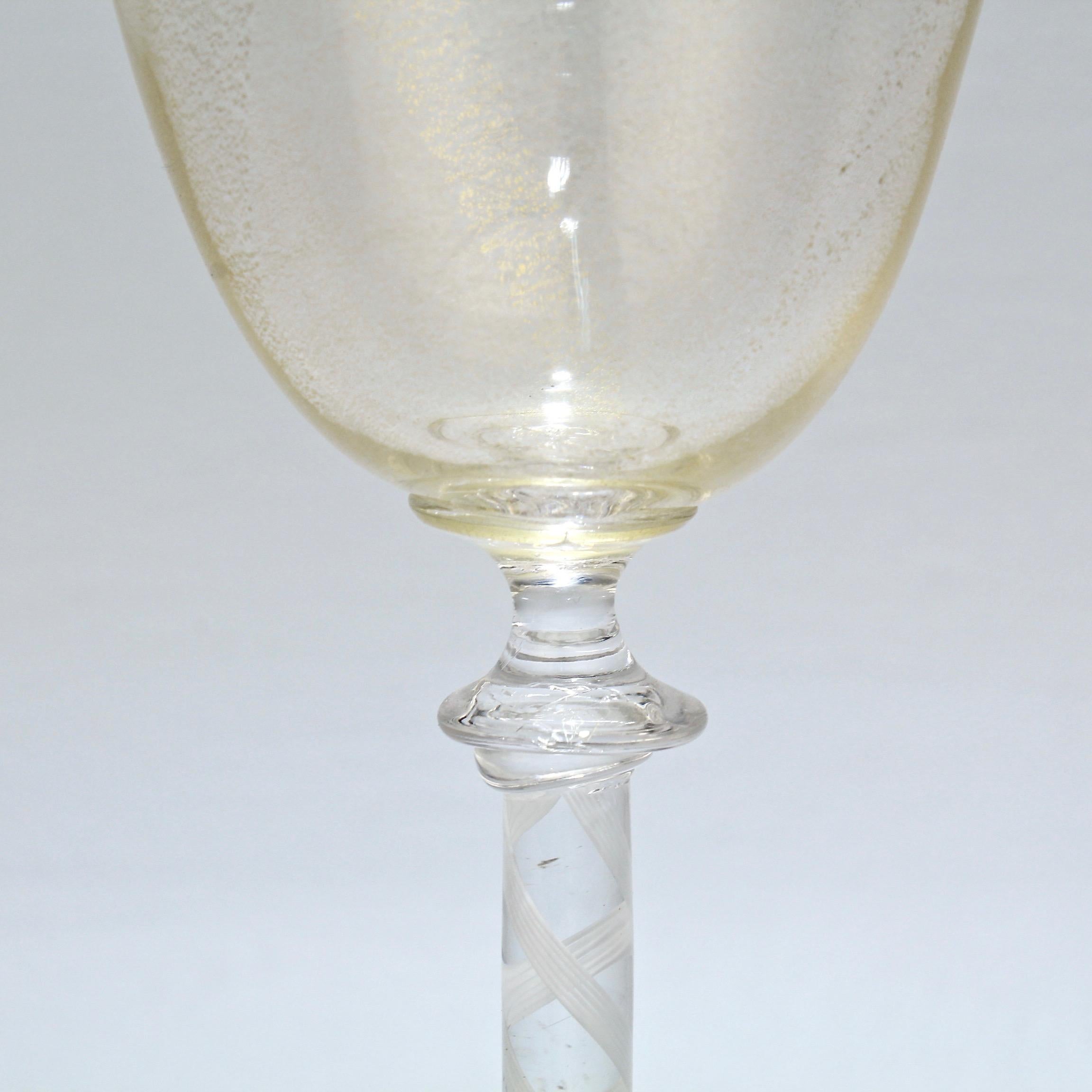 20th Century Set of 6 Vintage Venetian Wine Goblets with White Twist Stems & Gold Inclusions