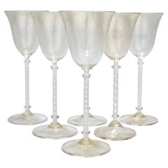 Set of 6 Vintage Venetian Wine Goblets with White Twist Stems & Gold Inclusions
