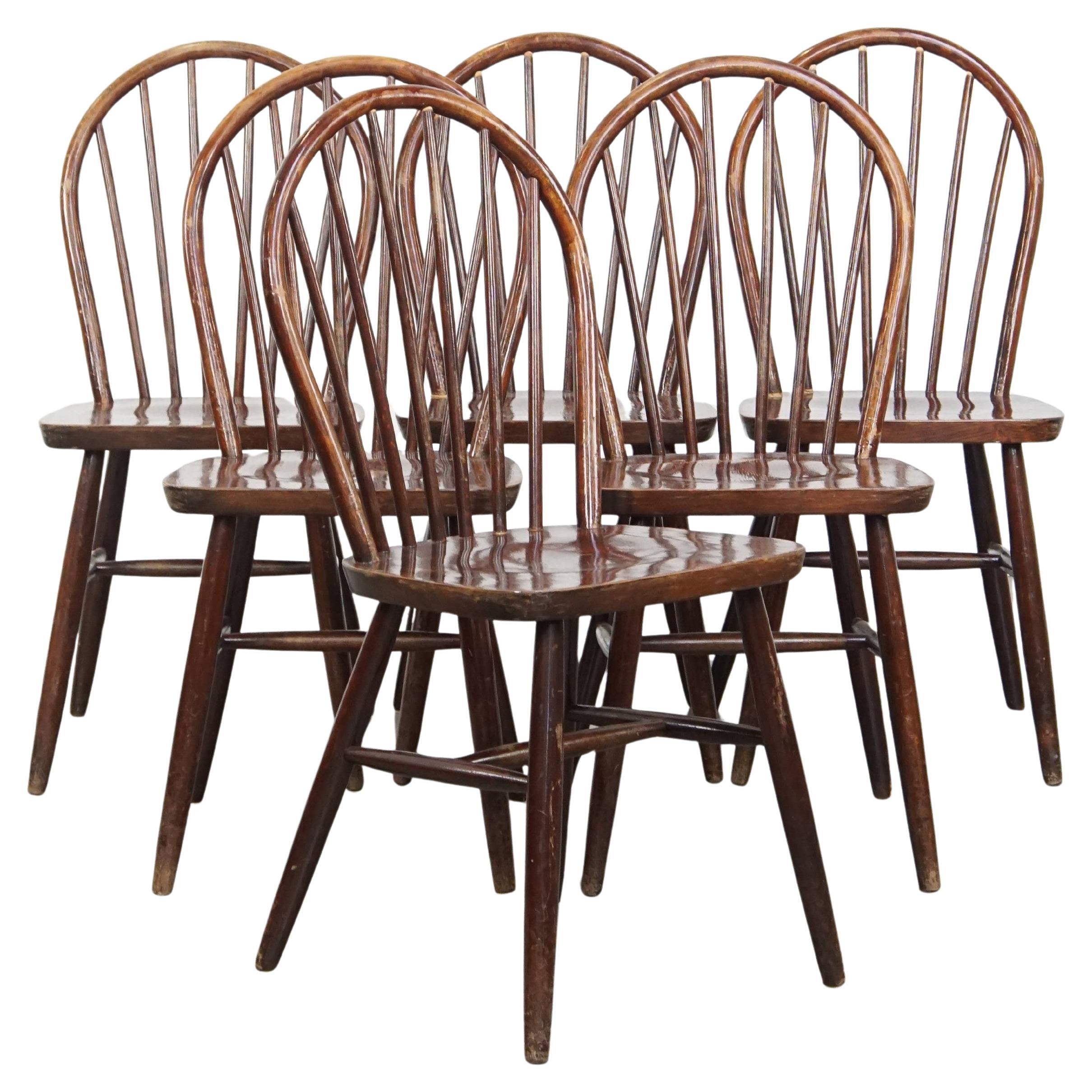 Set of 6 Vintage Wooden Windsor Spindle Chairs from the 1970s