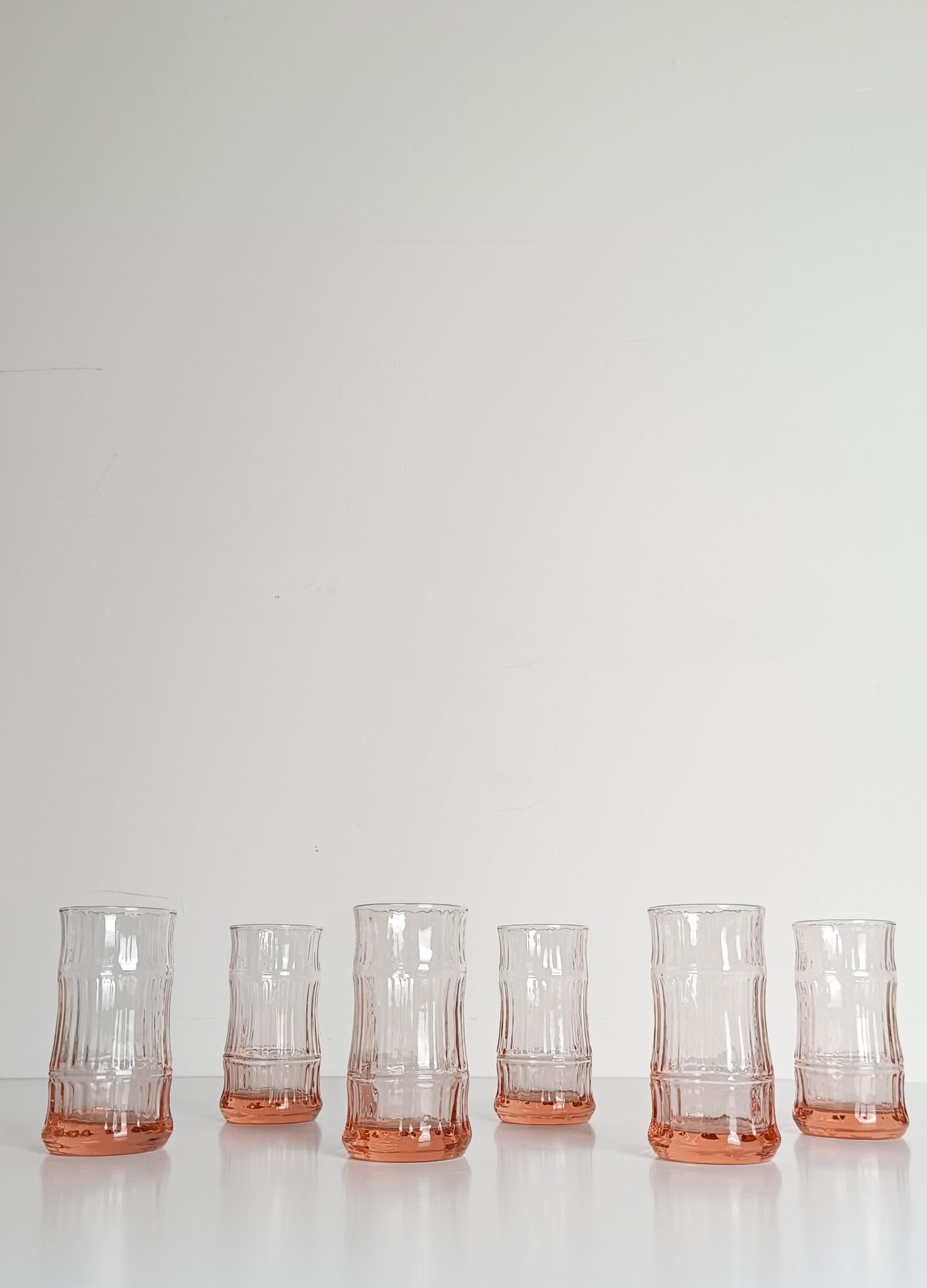 6er Set VintageFaux Bamboo Highball / Bechergläser aus pfirsichrosa Glas, 70er Jahre im Angebot 4