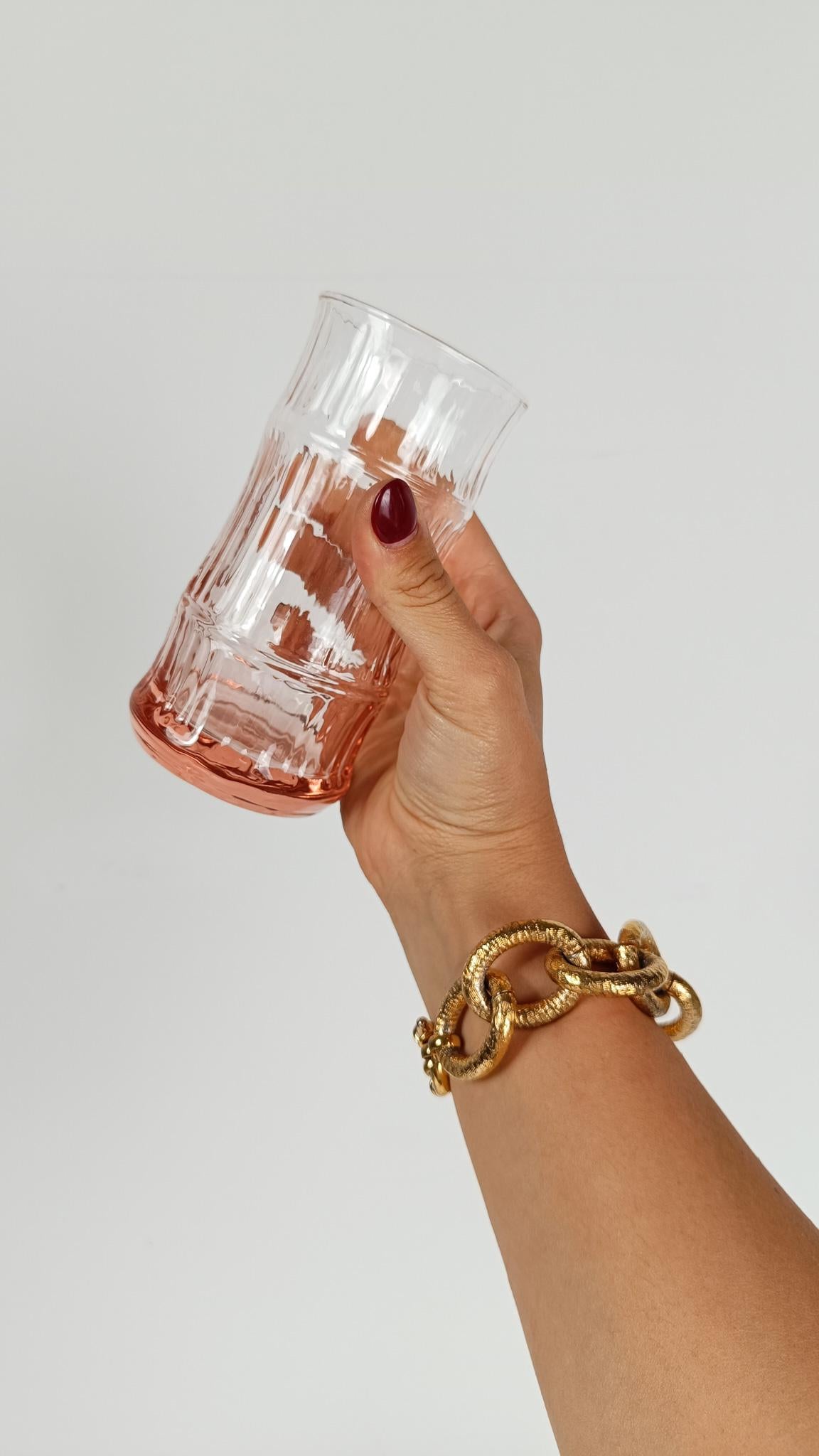 6er Set VintageFaux Bamboo Highball / Bechergläser aus pfirsichrosa Glas, 70er Jahre im Angebot 7